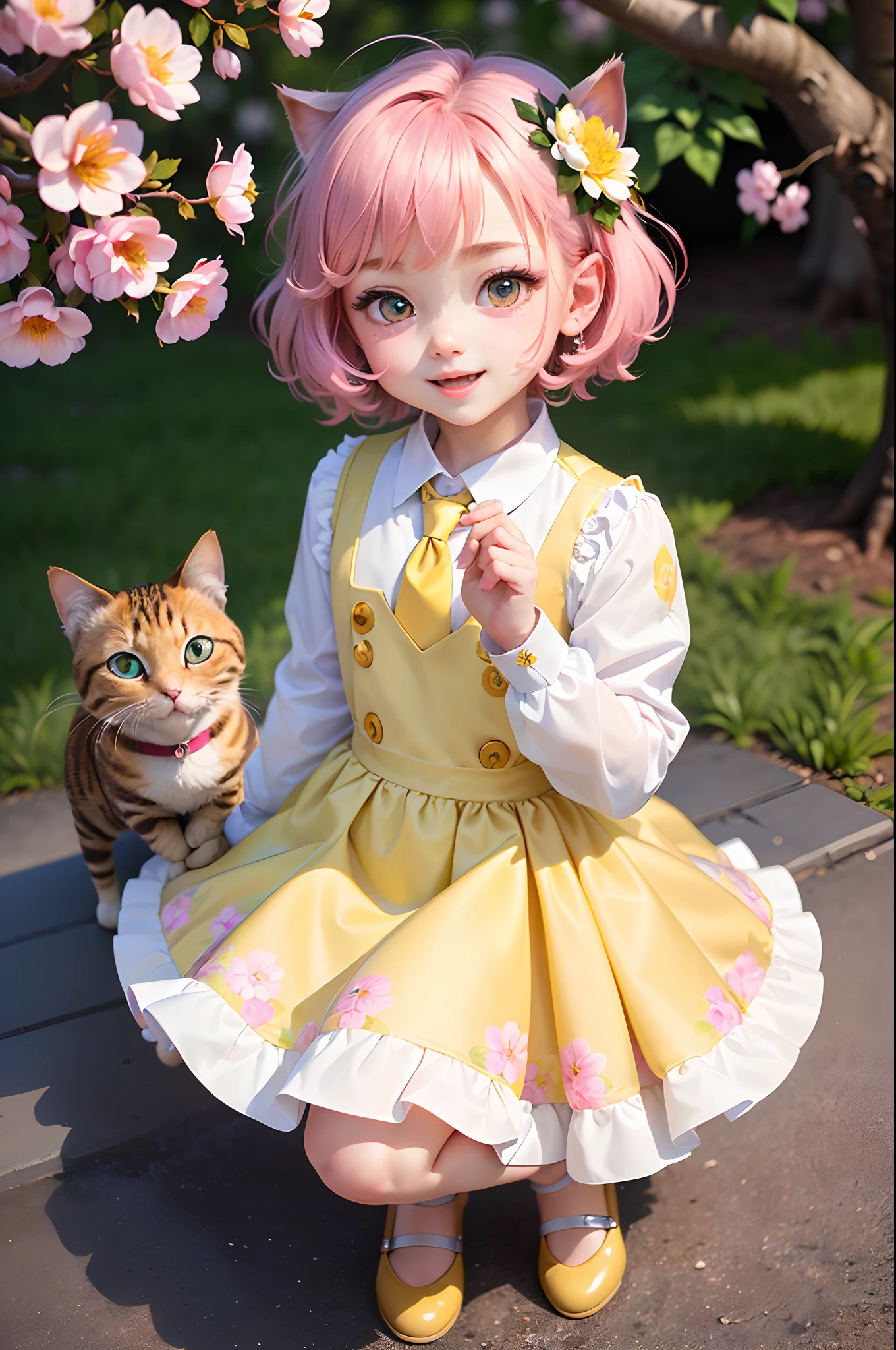 (masterpiece),(best quality),(ultra-detailed), (full body:1.2),
(1boy),(male), chibi,cute, smile, open mouth,
flower, outdoors,light yellow suit, white shirt, yellow black striped tie, blush, tree, :3, shirt,pink short hair, blue-green eyes, cherry blossoms, blush stickers, long sleeves, pink flower, (cat), (cat),
(beautiful detailed face), (beautiful detailed eyes),