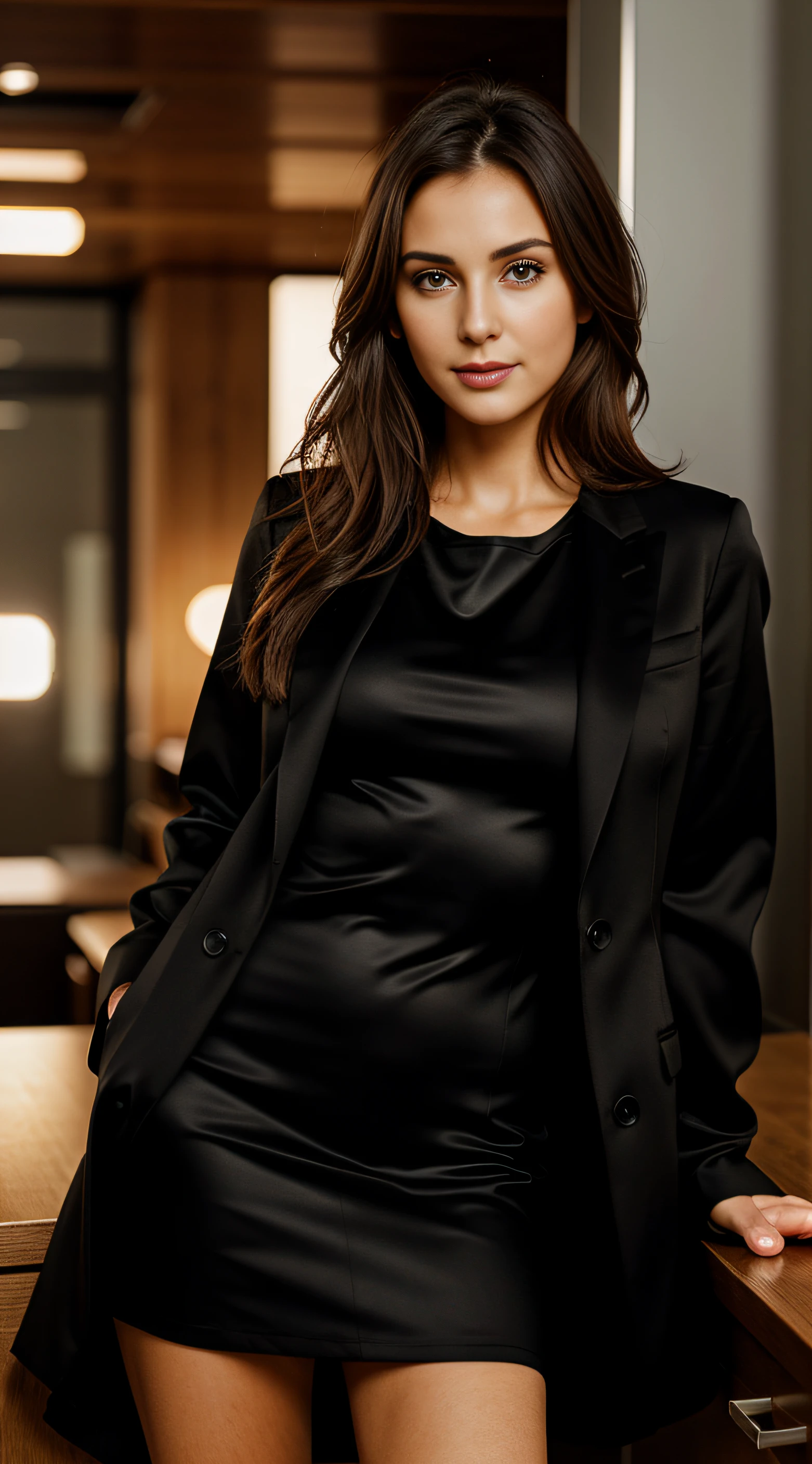 Mature Woman, 30 years old, Brown hair, European Woman, Full body in the photo, multiple views, zoomout, Serious, Beautiful, Cool, Realistic hair, Green eyes, Unobtrusive pose, European Eyes, Medium structure, Medium round buttocks, Medium long coat, Beautiful clothes, Cute black suit, Modern Office, Cover bar, masutepiece, 超A high resolution, (Photorealistic: 1.4), Raw photo, A hyper-realistic, Detailed background, refined, Detailed, Realistic face, Detailed face, Realistic skin, (Raw photo, Best Quality), Extremely detailed, nffsw, unit, amazing, Fine details, lightsmile, Highly detailed ajectar 8k wallpaper unit, Huge file size, Ultra-detailed, hight resolution, absurderes, Soft light, Half body, Photos without backgrounds