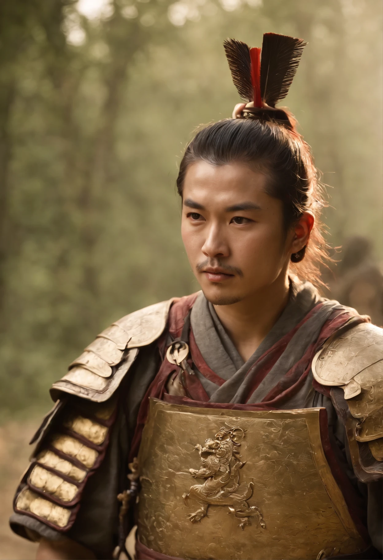 A Sengoku period samurai in shabby armor,Real Human,filmposter,Ultra photo realsisim,Ancient battlefield background,The army is in chaos,Rivers of blood flow,A dragon in the back,Super light and shadow,Extreme light chasing,Delicate skin,(Sunshine 1.5)dust kicked up,Cinematic lighting effects
