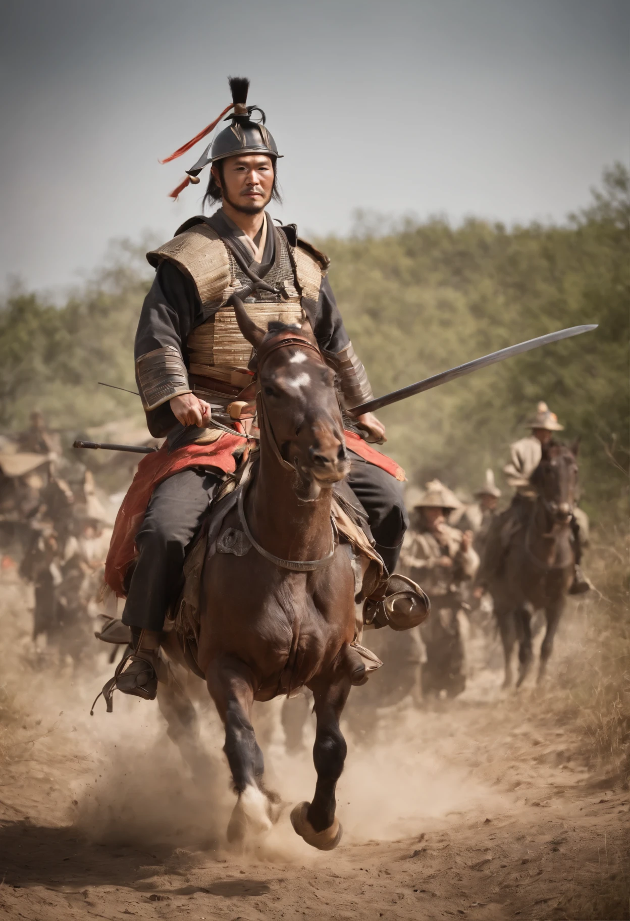 A Sengoku period samurai in shabby armor，Real Human，filmposter，Ultra photo realsisim，Ancient battlefield background，The army is in chaos，Rivers of blood flow，A dragon in the back，Super light and shadow，Extreme light chasing，Delicate skin，（Sunshine 1.5）dust kicked up，Cinematic lighting effects