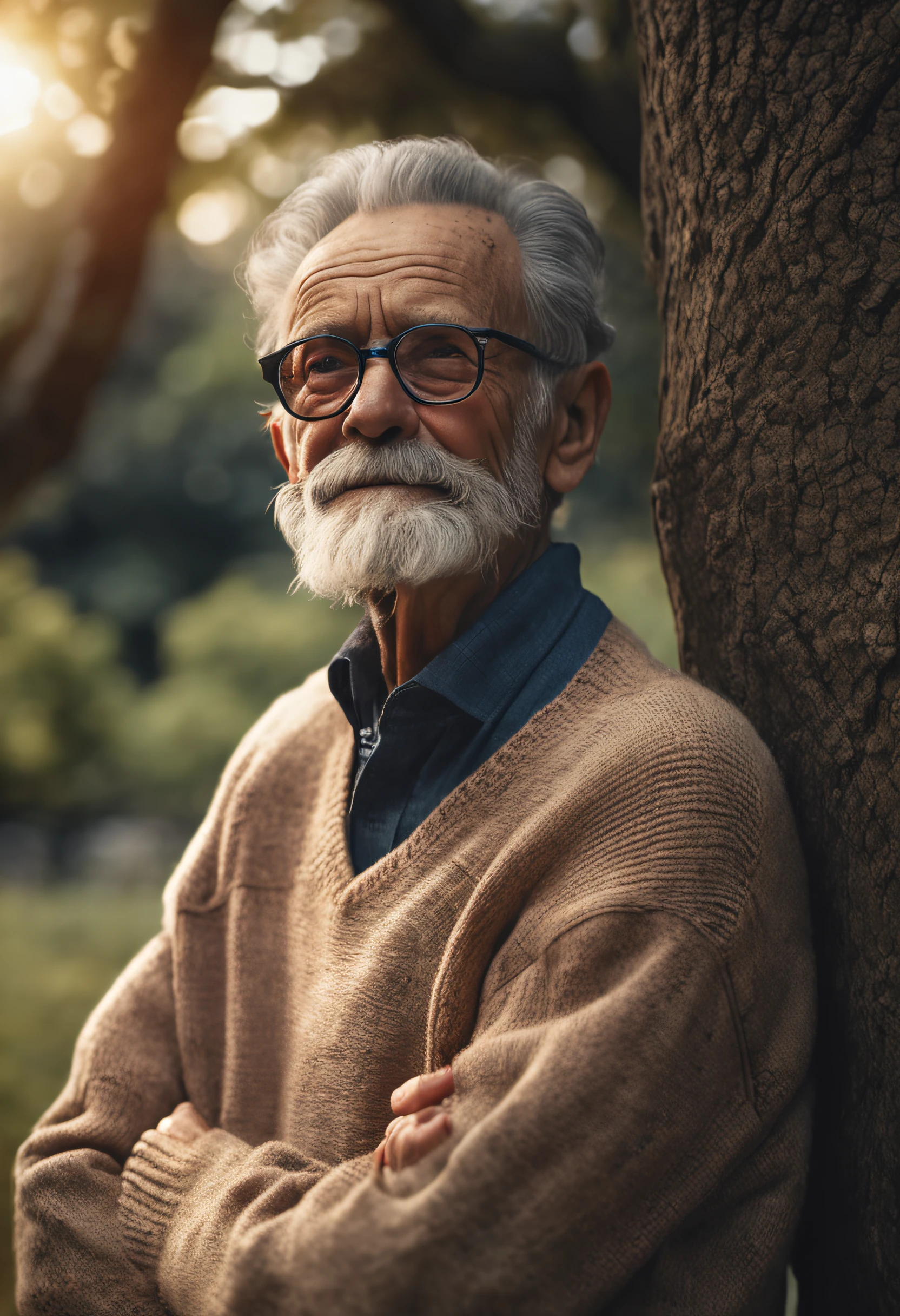 "desenho ultra realista em 8k, Elderly and lonely man of appearance of approximately 70 years. He's wearing a sweater, tem uma barba, wears thin-framed glasses, with a charismatic and gentle countenance. The scene takes place under a tree, amidst nature."