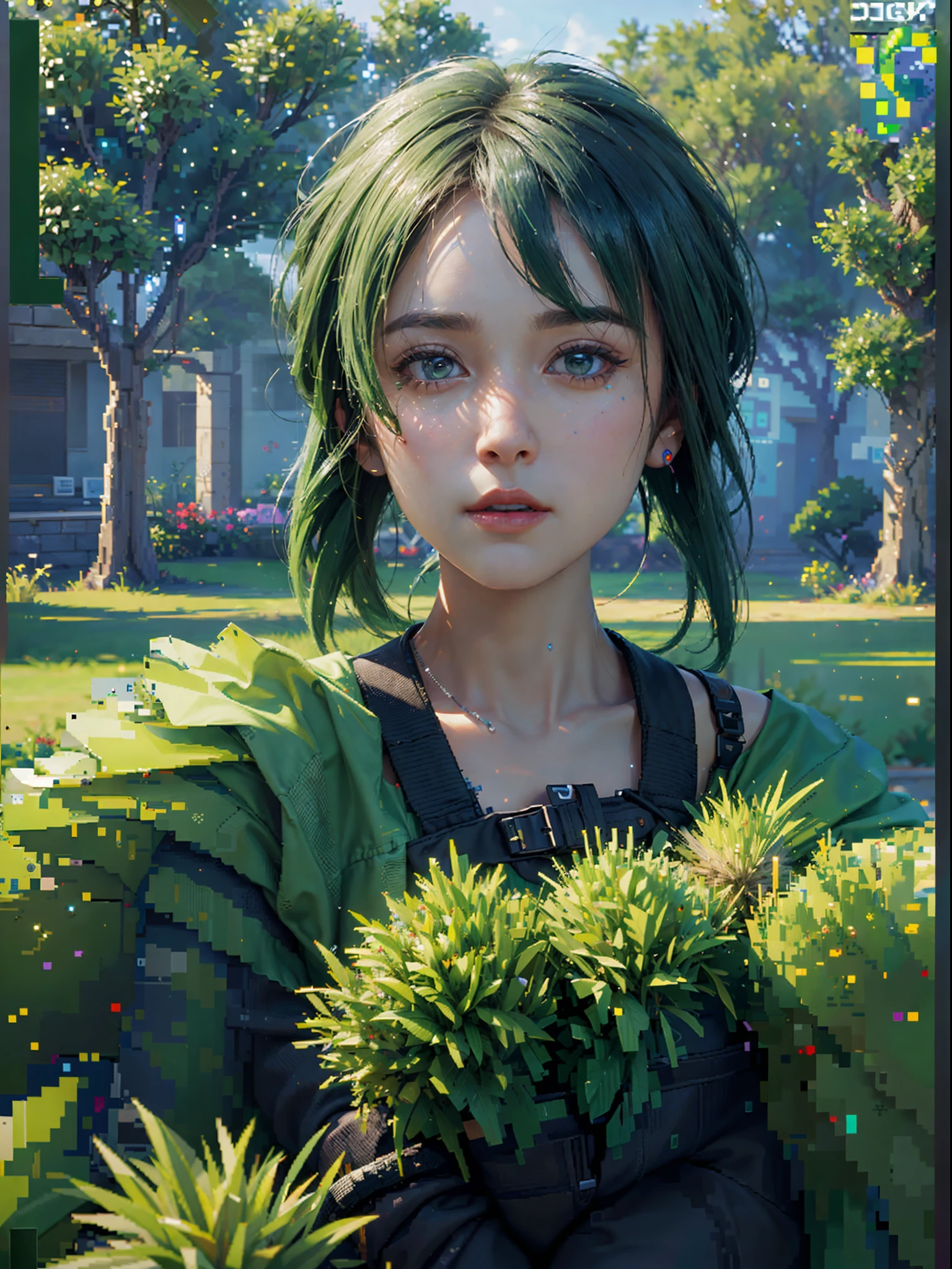 "Taken 9 Pixel game Scene, beautiful green neon Cubic square pixel City, 8K resolution realistic, Nvidia ray tracing, DLSS 3, concept art, matrix environment, smoke bombs, materialistic colors, masterpiece collection, award winning artwork, 8K UHD, ((((((main focus generate an pixel game scene))))))