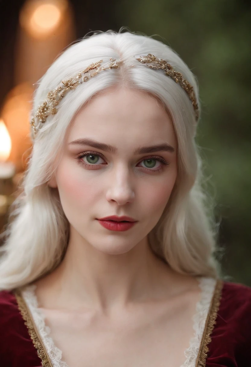 (((a deep reddish wound crosses her left cheek))) fair complexion, woman around 19 years old, natural white hair, distinctive green eyes, wearing kohl, slender and graceful, beautiful, candlelight in a medieval setting, ultra sharp focus, realistic shot, medieval female clothes, tetradic colors (scar:1.4)