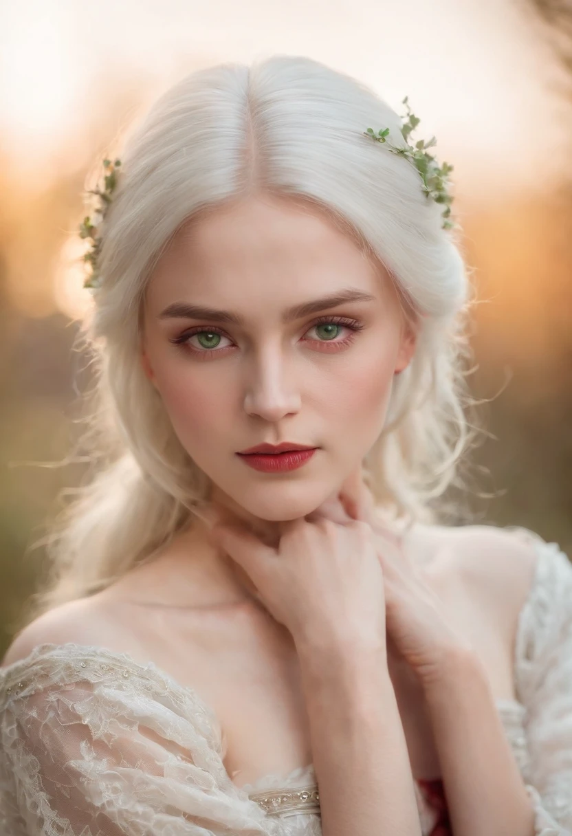 (((a deep reddish wound crosses her left cheek))) fair complexion, woman around 19 years old, natural white hair, distinctive green eyes, wearing kohl, slender and graceful, beautiful, candlelight in a medieval setting, ultra sharp focus, realistic shot, medieval female clothes, tetradic colors (scar:1.4)
