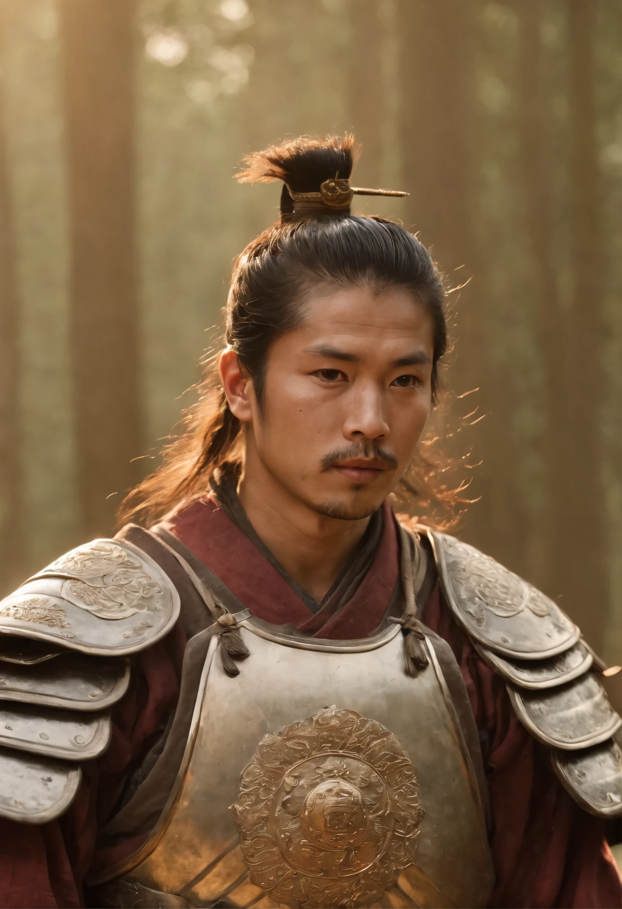 A Sengoku period samurai in shabby armor,Real Human,filmposter,Ultra photo realsisim,Ancient battlefield background,The army is in chaos,Rivers of blood flow,A dragon in the back,Super light and shadow,Extreme light chasing,Delicate skin,(Sunshine 1.5)dust kicked up,Cinematic lighting effects