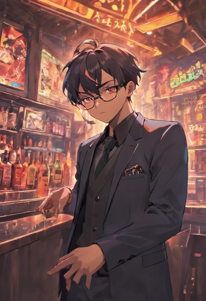 1 black man, Sunglasses, Social Suit, pistol, Neon style,(Shoot to the left to create a big spark:1.2),a bar counter, 80shair, Men in black,(Gunfu Movies:1.3), (Reflective glasses: 1.4), (Aviator-style glasses: 1.5), (Dust around: 0.8).
