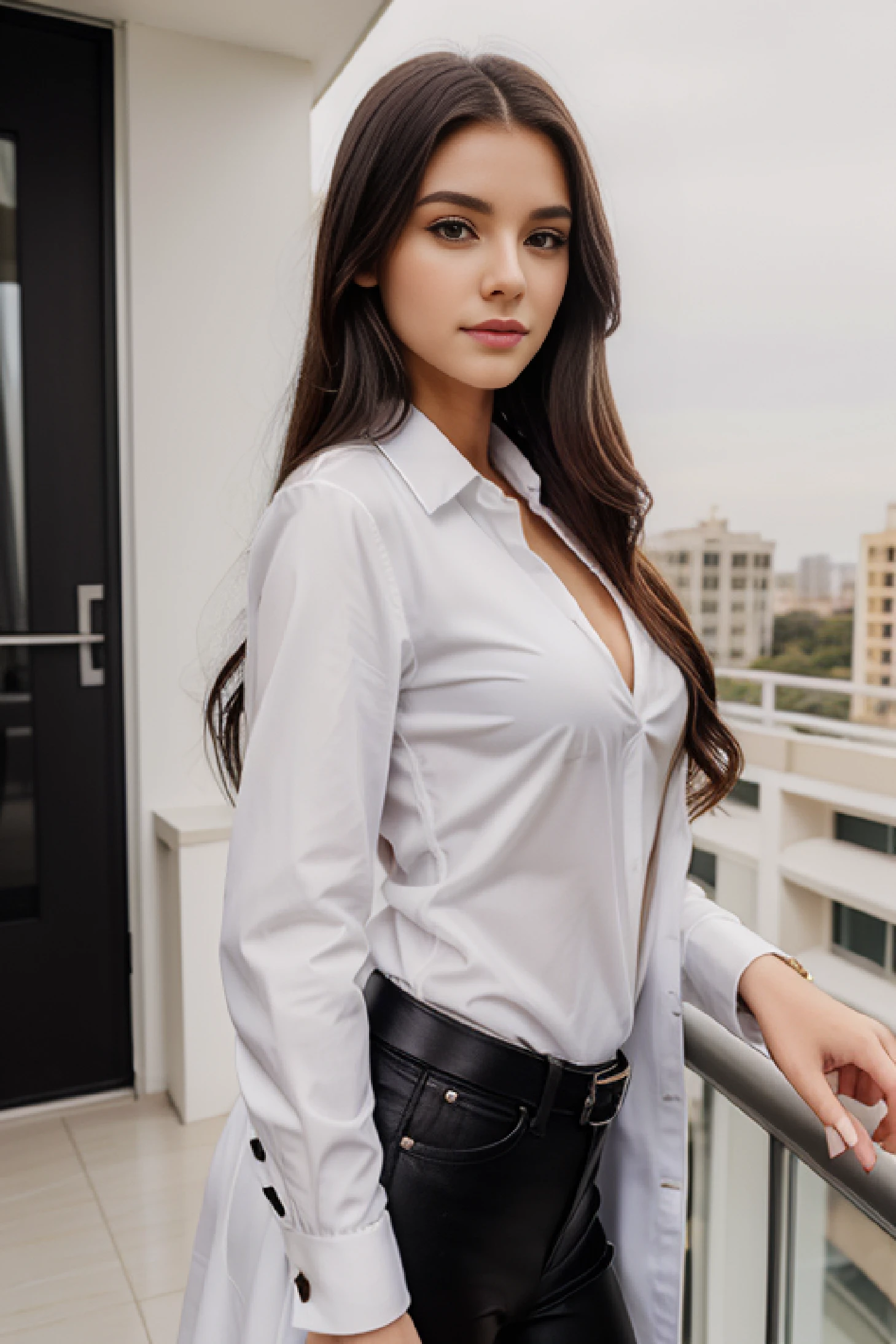 face, long_hair, gorgeous, girl, black formal coat and a white shirt, western, top, hot girl, balcony
