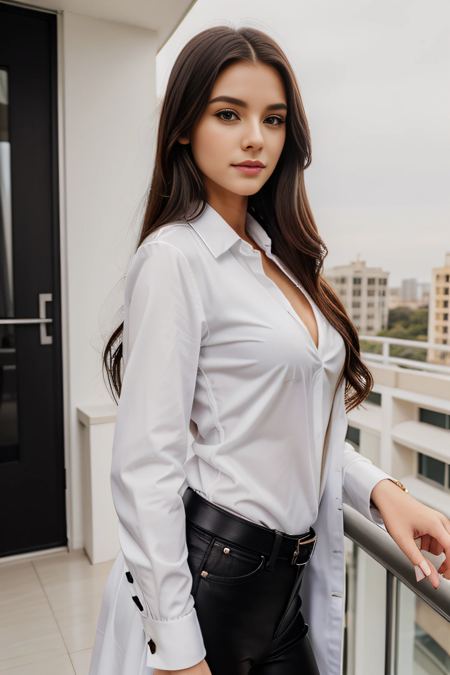 face, long_hair, gorgeous, girl, black formal coat and a white shirt, western, top, hot girl, balcony
