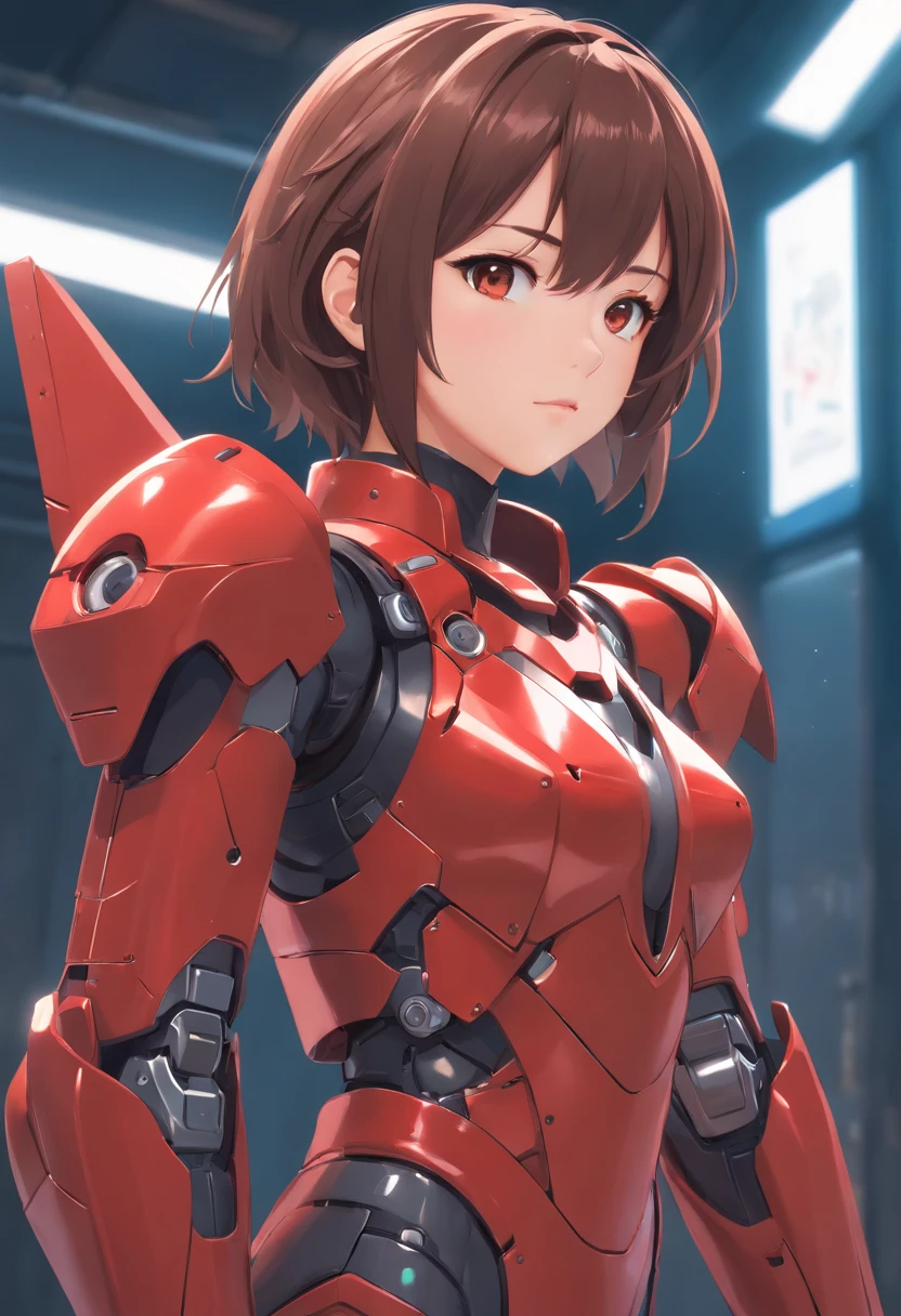 (Master Parts), (top-quality), rendered, Realistic, ultra-detailliert, face perfect, perfect bodies, 1 Tape, Beautiful Girl, girl in red armor, Mechanical Armor, exoskeleton, to stand, Legal Pose, Sexy, Looking from behind