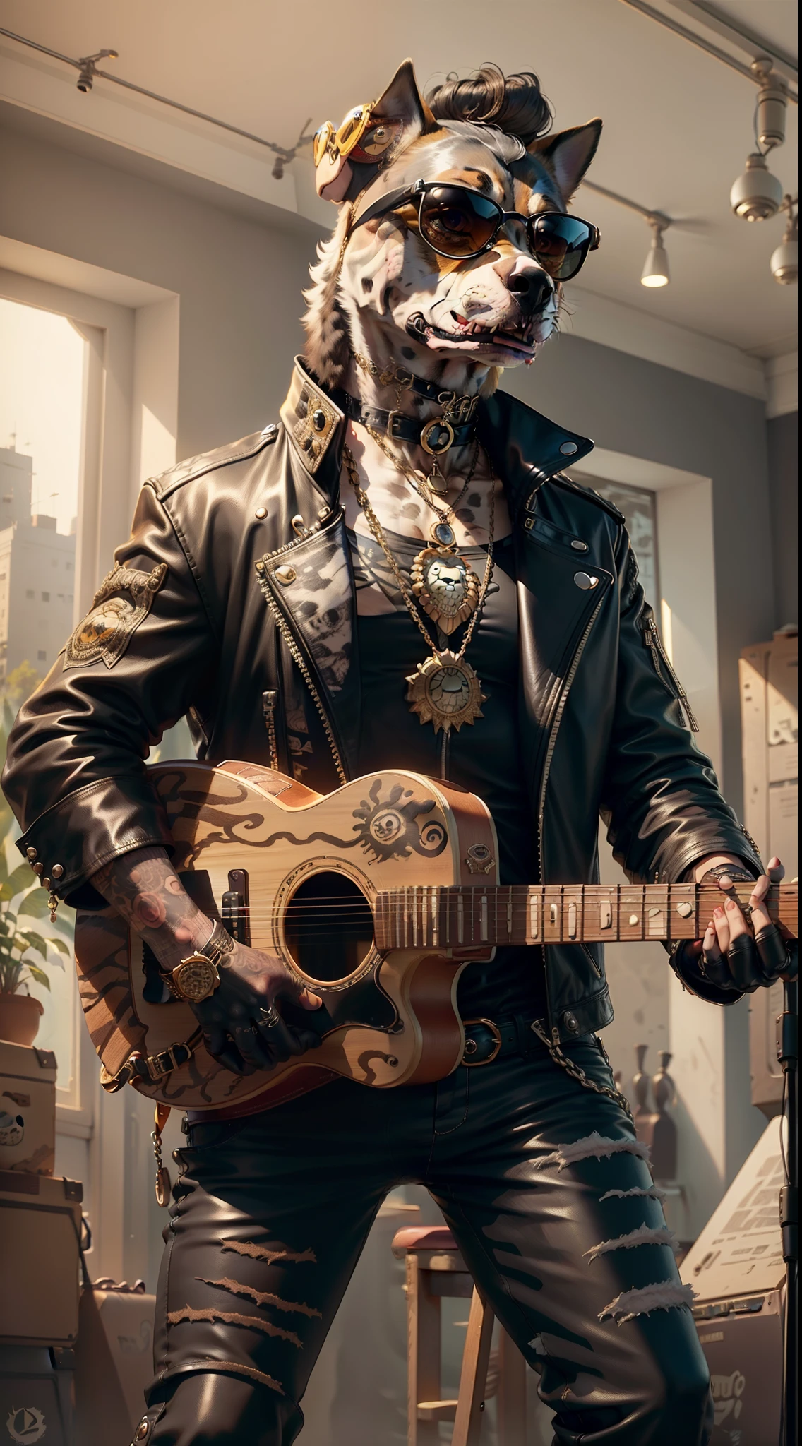 Male, solo, skulldog, all black body, leather jacket, spiked jacket, black pants, chain wallet, black sunglasses, alleyway, 4k, 8k, white skull, black punk hair, arms crossed