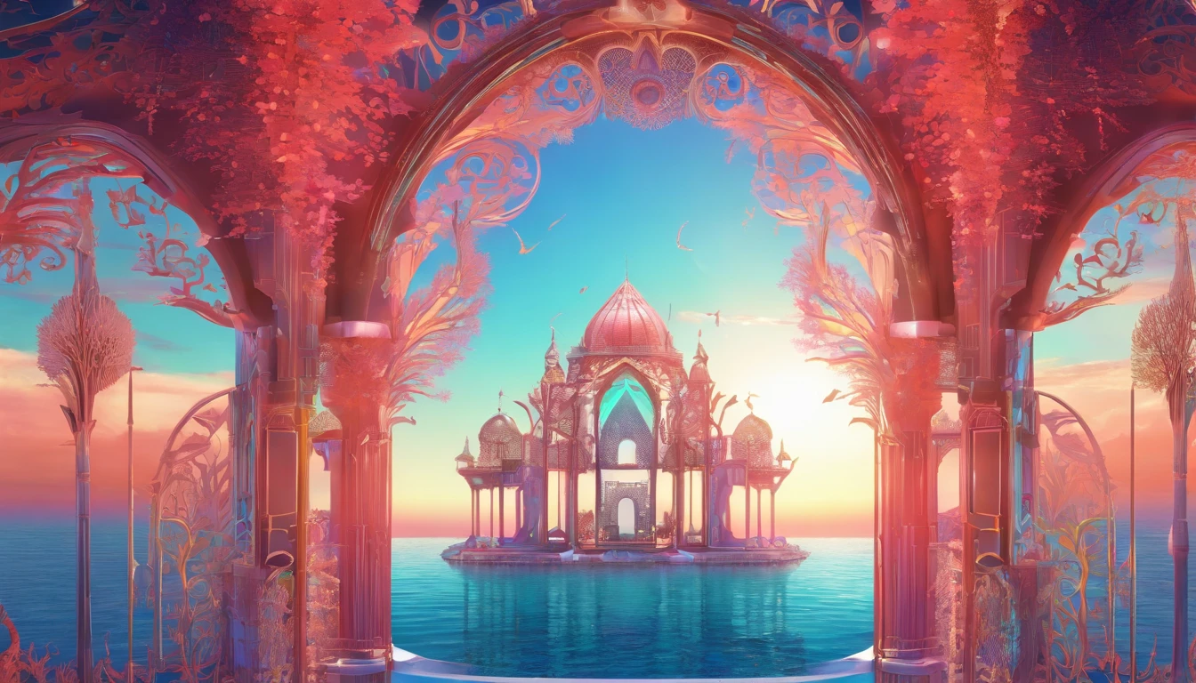 Virtual scene design, coral art installation above the blue ocean, galvanized fiberglass with rainbow gradient, surreal visual representation, magnificent architecture, unique, intricate, exquisite details,(blender, oc rendering, natural light, ray tracing, 8K)