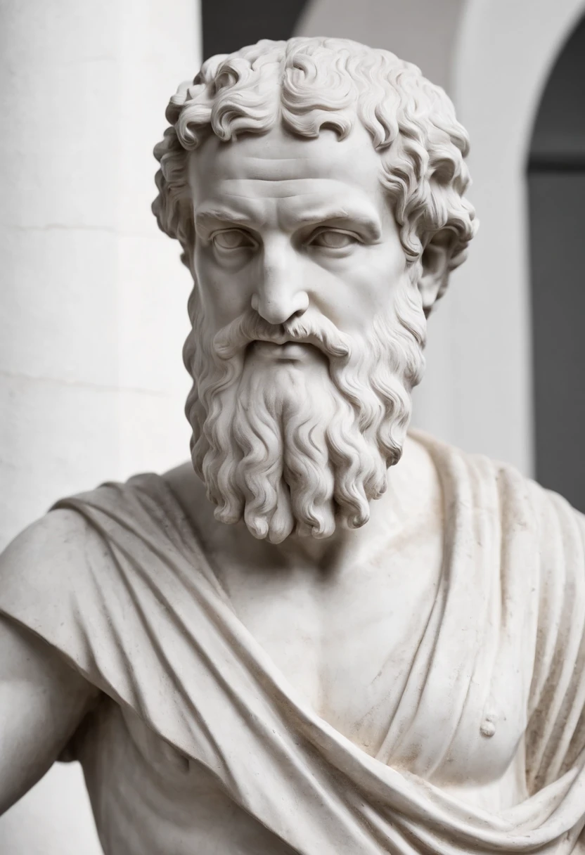 a black and white photo of a statue of an old Greek philosopher with a beard, alto contraste de luz e sombra, philosopher, estoicismo, theophanes, inspired by Theophanes, o grego, by Theophanes, o grego, atitude estoica, divina e estoica, portrait of aristotle, philosophical, filosopia, an ancient greek statue, pose estoica, platao