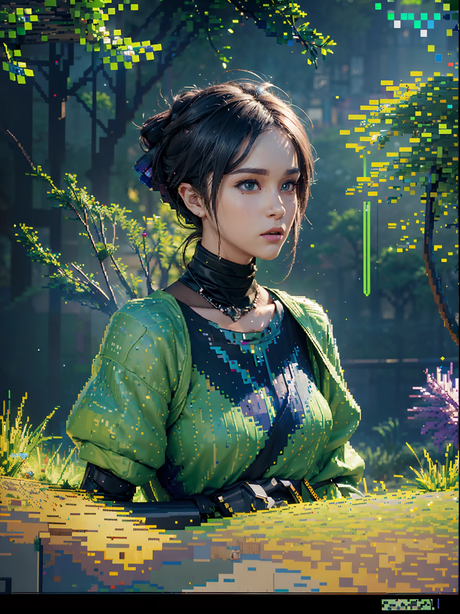 "Pixel game Scene, beautiful green neon city, chaotic characteristics, 8K resolution realistic, Nvidia ray tracing, DLSS 3, concept art, matrix environment, smoke bombs, materialistic colors, masterpiece collection, award winning artwork, 8K UHD, ((((((main focus generate an pixel game scene))))))