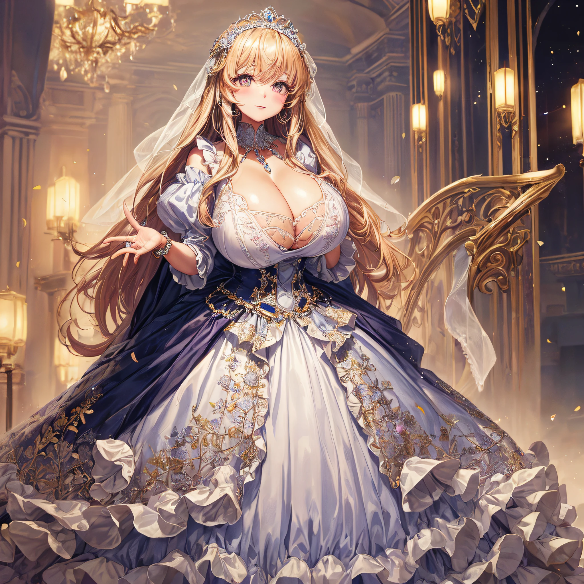 (masterpiece, best quality,extremely detailed:1.1),(moe anime art style:1.2),1girl,((full body)),((solo)), cute, kawaii,digital art,((1 bling-bling anime princess wearing beautiful embroidery and jeweled ruffled gorgeous princess ballgown with voluminous full length hoop skirt)),((crinoline)),long train,voluminous frills,(gorgeous embroidery and beautiful lace),((very gigantic boobs,skindentation)),cleavage,shiny hair,(((very long straight hair))),((finely detailed face and eyes)),clear pupil,extremely gorgeousfull hair ornament,(bling-bling jeweled extremely gorgeousfull tiara),(bling-bling gorgeous gemstone jewelry),long veil,beautiful background,fantasy garden,flowers,flower petals flowing,full body,((beautiful embroidery and jeweled ruffled gorgeous princess ballgown with voluminous full length hoop skirt))