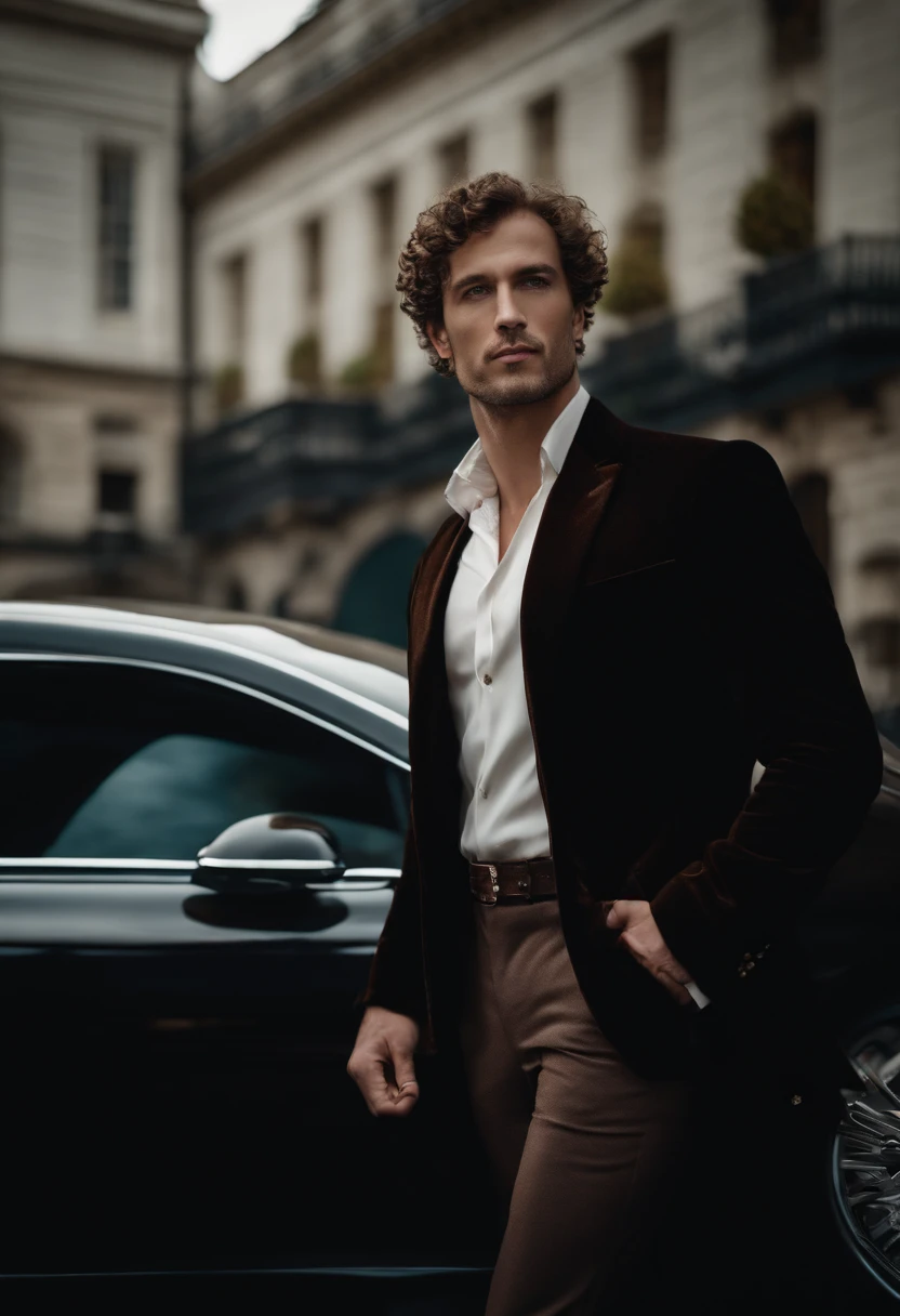 corps entier, wide-angle photo close-up portrait of the body of a handsome man , Grand et en forme, (40 y old:1.1), (shaven:1.2) , (very short curlybrown hair:1.5),(very short hair:1.6). Dark brown tight velvet suit, (La veste a des motifs de fleurs noires:1.2). (posing outside the mansion with a luxury car:1.1), crowded street with cafes in the distance, Cold and dark sunset at dusk, (Edge Light:1.1),(Concentrez-vous sur les yeux), (angry look), (hard light on the skin:1.2), (ombres dures, dark themed, Contraste profond:1.1), (photographie de portrait par Annie Liebovitz), Dark mint theme and choral aesthetics, (skin imperfections)