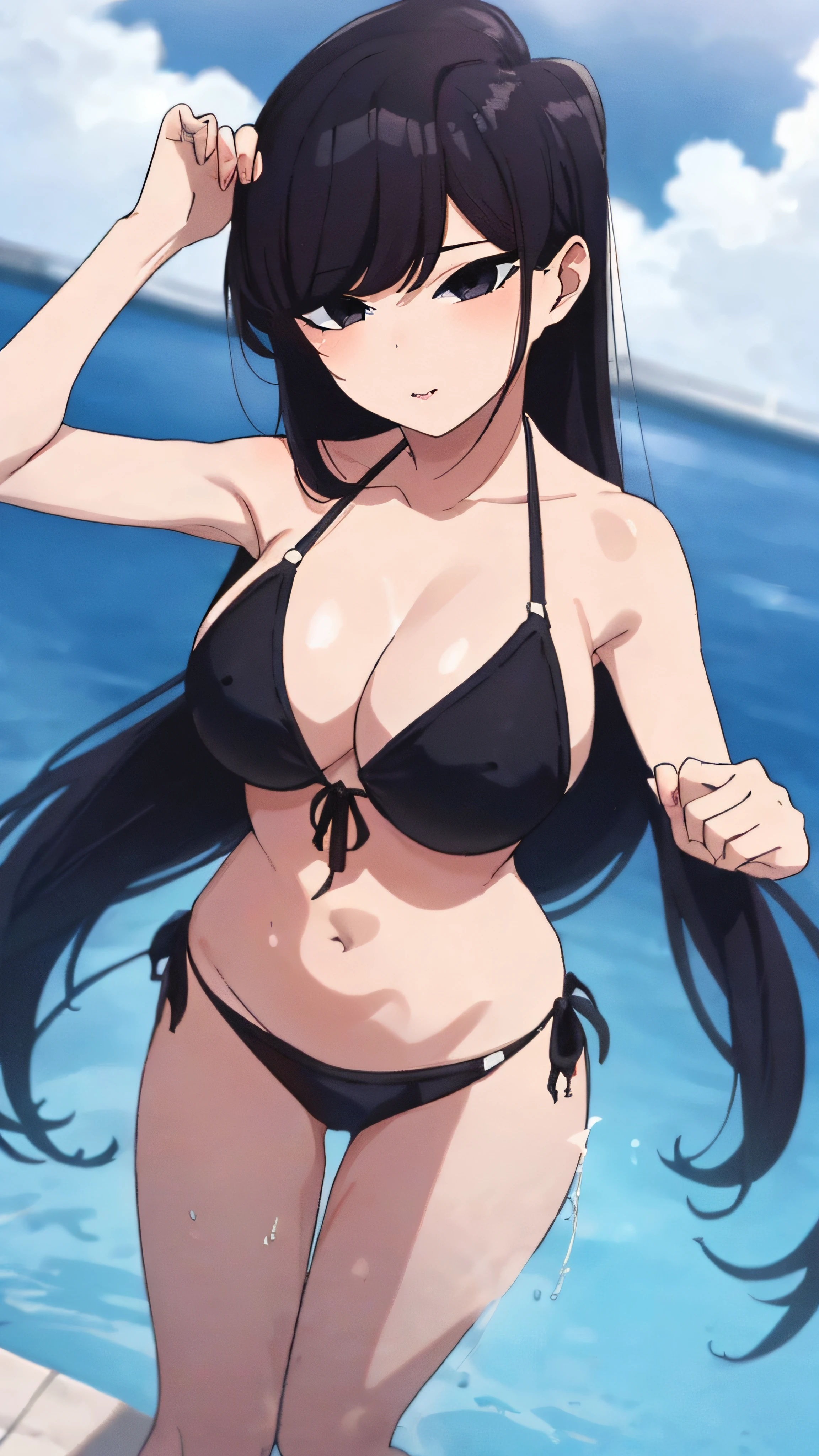 1 girl, ((master part)),((melhor qualidade)),circunstanciado,Vir_Dc,1girl,sozinho,Longas_Hair,preto_Hair,preto_olho,Olhando_em_visualizador, ((bikini)), corpo inteiro, ((sexy)), ((erotica)), piscina