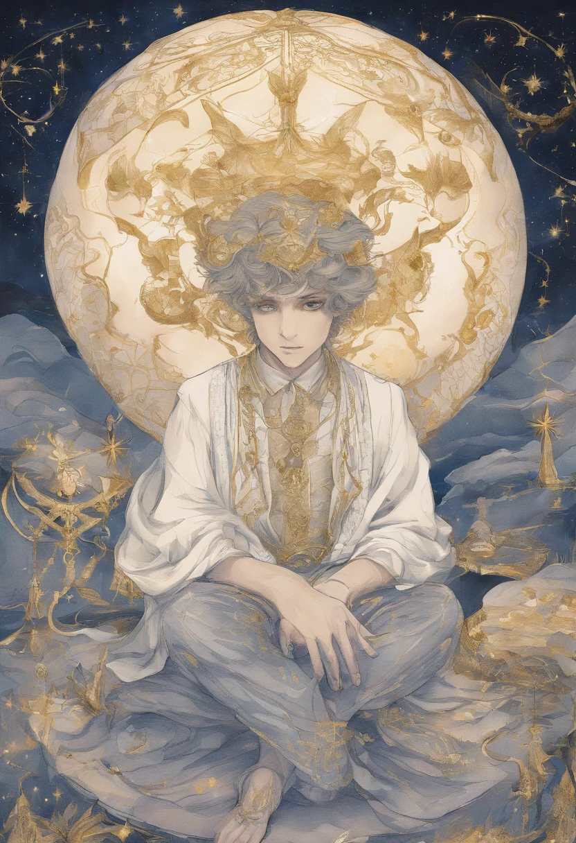 There is a man sitting on the constellation,Hold the magic crystal ball,Wearing a shirt embroidered with stitched gold thread and white shorts