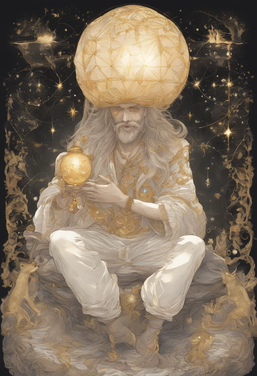 There is a man sitting on the constellation，Hold the magic crystal ball，Wearing a shirt embroidered with stitched gold thread and white shorts