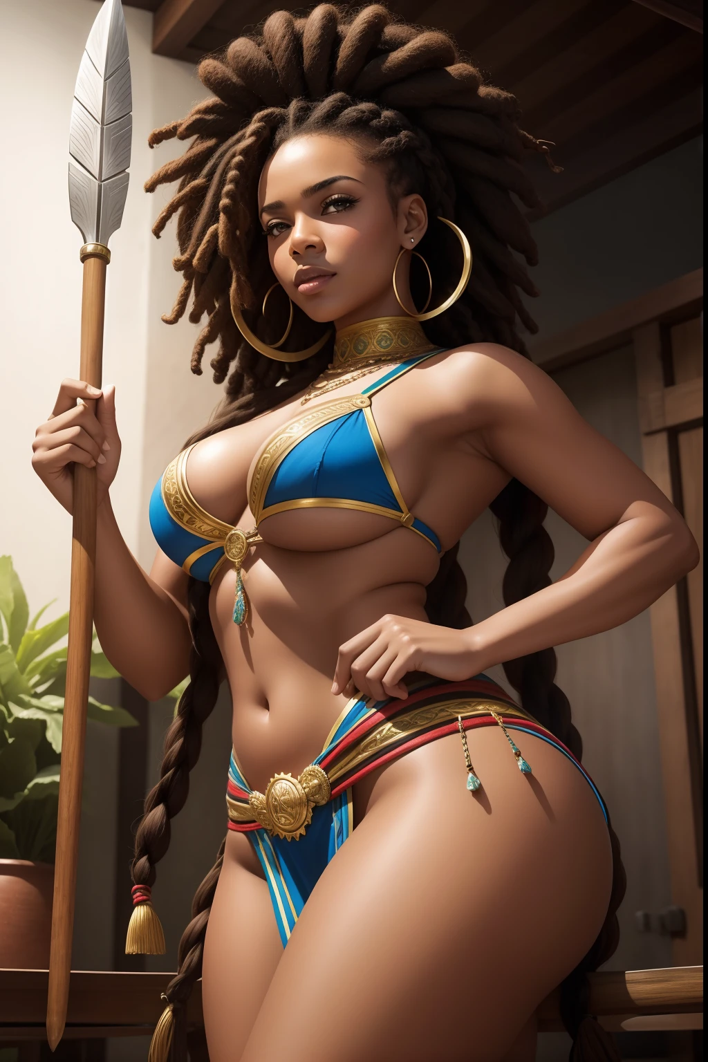 Uma mulher Moreno, de cabelo afro cabelo caindo para frente, Rasta type but braided, holding a spear-shaped spear, e um escudo em forma de , com belos seios corpo perfeito com , a wide thigh is beautiful a woman, com seios lindos corpo perfeito, uma coxa larga, is beautiful a destination with ,vario expression sexual pose, Erotic