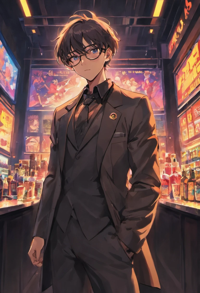 1 black man, Sunglasses, Social Suit, pistol, Neon style,(Shoot to the left to create a big spark:1.2),a bar counter, 80shair, Men in black,(Gunfu Movies:1.3), (Reflective glasses: 1.4), (Aviator-style glasses: 1.5), (Dust around: 0.8).