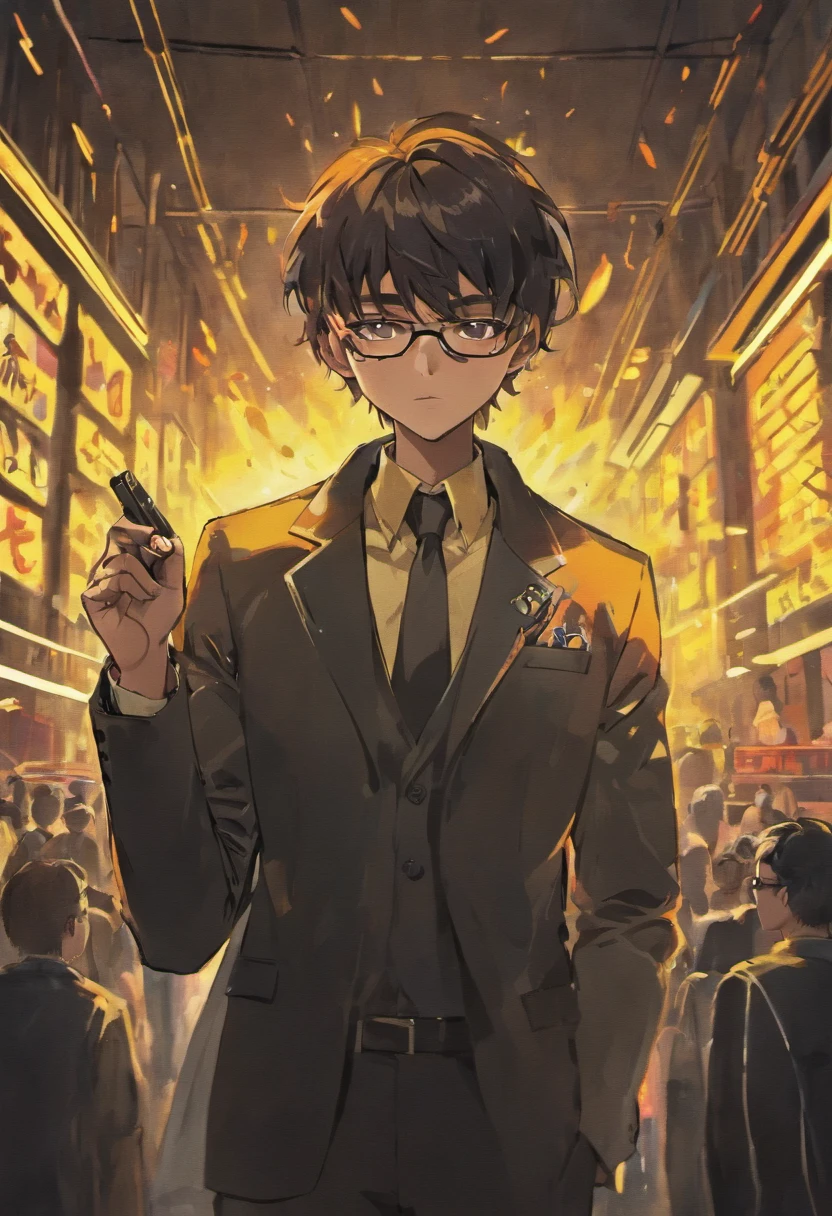 1 black man, Sunglasses, Social Suit, pistol, Neon style,(Shoot to the left to create a big spark:1.2),a bar counter, 80shair, Men in black,(Gunfu Movies:1.3), (Reflective glasses: 1.4), (Aviator-style glasses: 1.5), (Dust around: 0.8).