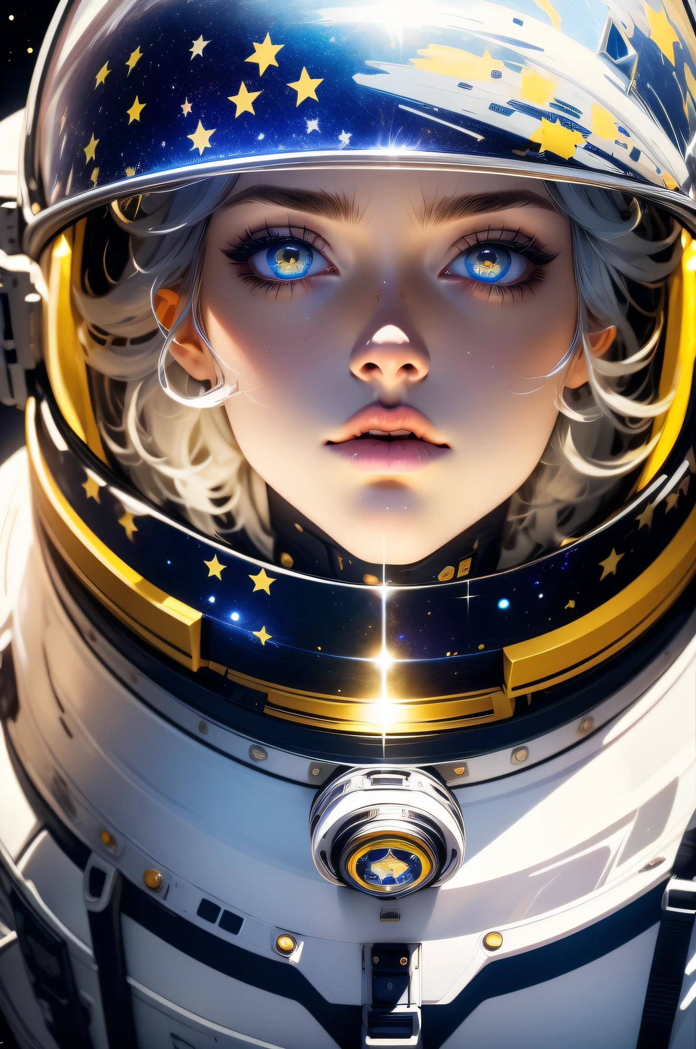 masterpiece, best quality, close-up, space, astronaut, silver hair, yellow eyes, messy hair, space helmet,colorful stars, radiant light, heterochromia, big lips, blue eyes,