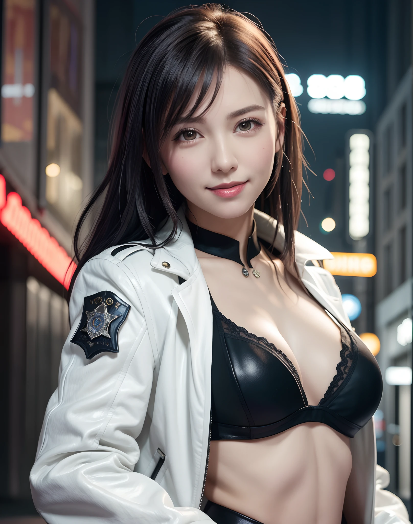 Beautiful face, Sauvage with medium cut、in cyberpunk city at night. She wears a white leather open jacket,lingerie, Dramatic Lighting, (police badge:1.2).Sexy female policeman、Sexy smile