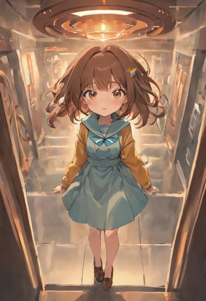 Buttonholes,Brown coiled hair,Doctor's cap,female pervert,Blue shawl,Short white dress,Small leather shoes