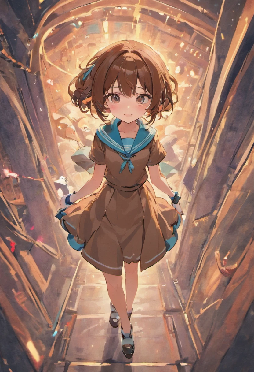Buttonholes,Brown coiled hair,Doctor's cap,female pervert,Blue shawl,Short white dress,Small leather shoes