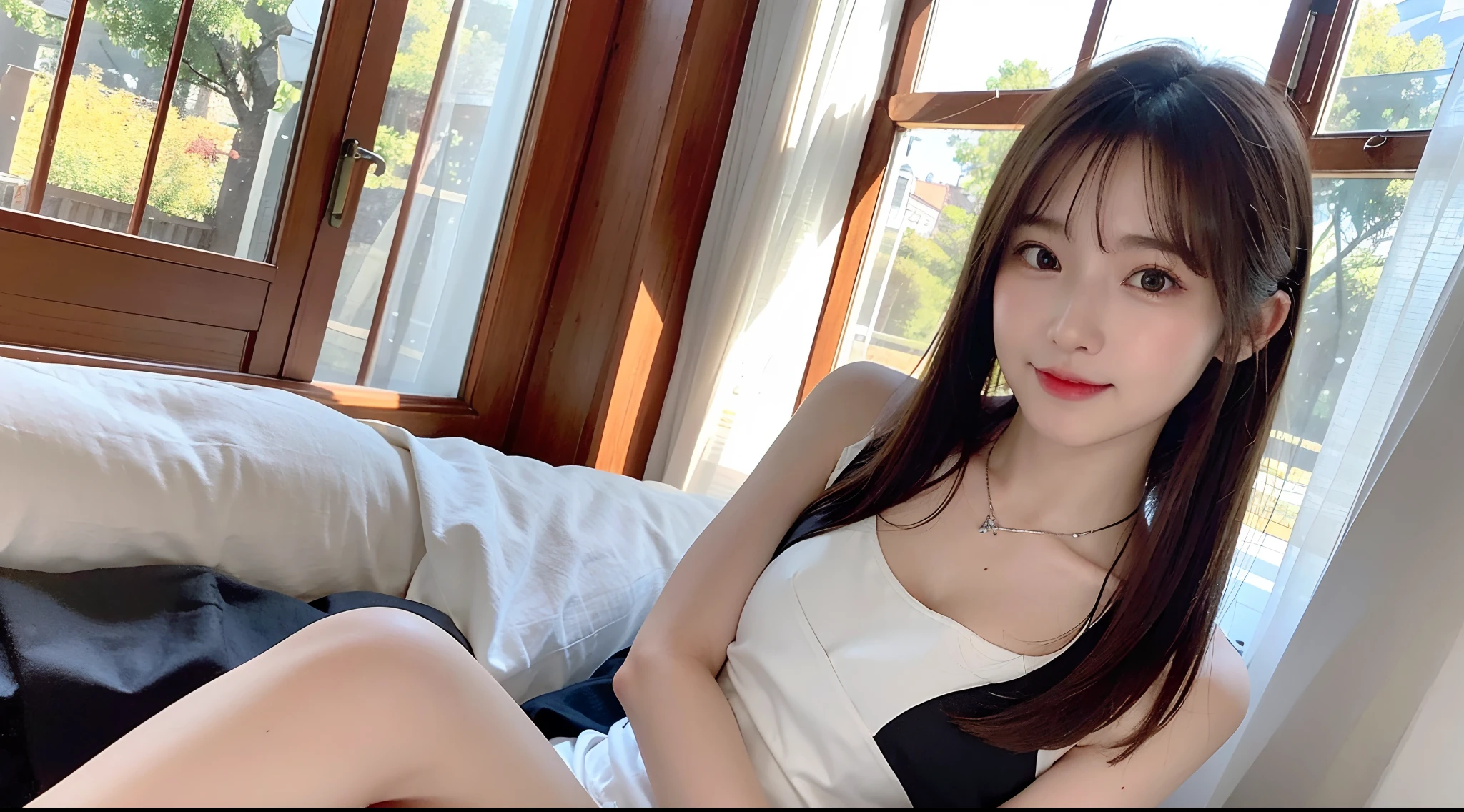 (超A high resolution、A hyper-realistic、high-detail、the golden ratio、top-quality、beatiful detailed eyes、White lighting:1.2、top-quality: 1.4)、glinting, (portrait of japanese famous actress)、Medium hair、light brown hair、Beautiful hairstyle、(curlyhair:1.6)、realisticeyes、red blush、long neck、bangss、Big eyes、(Happiness、delight、jolly、closes mouth)、((1girl in、White fair skin:1.4、age19、spotless、cute little、))、(real looking skin)、Beautiful skins、absurderes、enticing、Beautiful and classy,、Brilliant and stunning,Happy expression, Brown hair, Short skirt, (Silver necklace: 1.2), sitted、Black dress、Knee up、brown haired、a black skirt、frilld、skirt by the、thighs thighs thighs thighs、side locks、on the beds、window、the setting sun