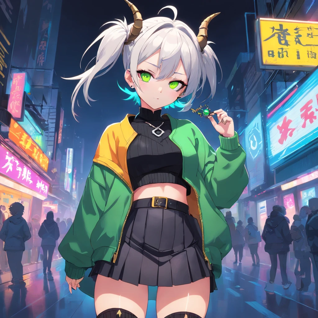 1girl, solo, breasts, looking_at_viewer, skirt, hair_ornament, large_breasts, jewelry, jacket, pantyhose, earrings, open_clothes, horns, belt, black_skirt, neon_green_eyes, hair_bun, sweater, open_jacket, black_jacket, makeup, tattoo, mask, piercing, black_background, ear_piercing, spikes, eyeshadow, skull, hands_on_hips, mouth_mask, black_sweater, skull_hair_ornament, cyberpunk, skull_print, white hair, neon aura,