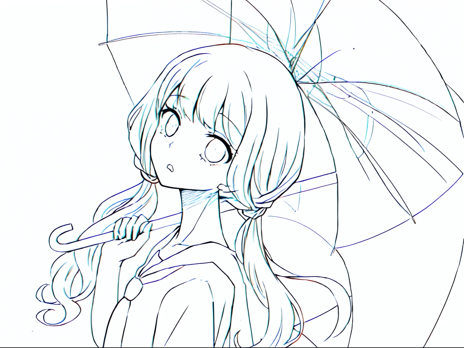 anime girl with umbrella in black and white drawing, clean anime outlines, flat anime style shading, intense black line art, dark outlines, thick black lineart, anime shading), thick line art, lineart, anime shading, dark linework, thin line art, intense line art, thick lineart, simple lineart, black line art, outlines
