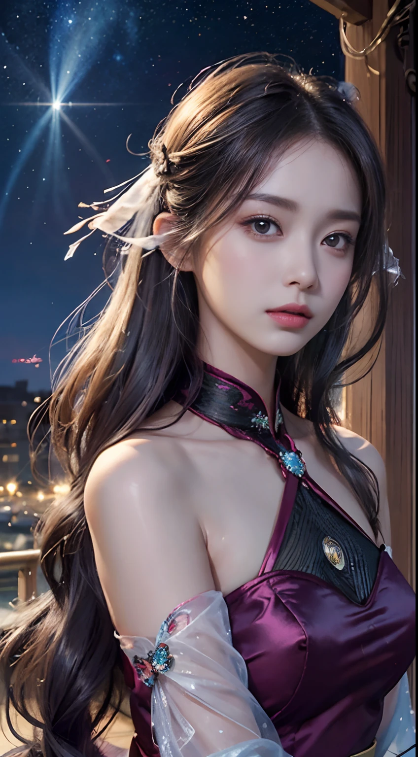 (masutepiece, of the highest quality, Best Quality, Ultimate Detail, Supreme Detail, Official art, Beauty and aesthetics: 1.2), Asian Girl, Rust, Waiting to return, Bare thighs, Bare pubic hair, hyoon , Exposing beautiful pubic hair, Color, upperbody shot, Beautiful face, Solo, Perfect figure, Flying in the sky, Portrait of a girl, Silver Gradient Hair, Brunette hair, fairy tail, Flowing streamer, (Sexy, Display Format, Show your: 10), Sun rays, Clouds, Hanfu, chinese clothes, Water, fireflys , Night, Starry sky, Jewelry, Feathers in the dress, Peacock feathers, light Particle, Volumetric lighting, Ray tracing (Flowing streamer: 1.1), (Fantasy: 1.2), Illuminator, Stars, Fantasy, High contrast, Ink strokes, Overexposure, purple and red tone impressions, Abstract, (Watercolor by Barkey and Jeray Meyman)) brushstrokes,