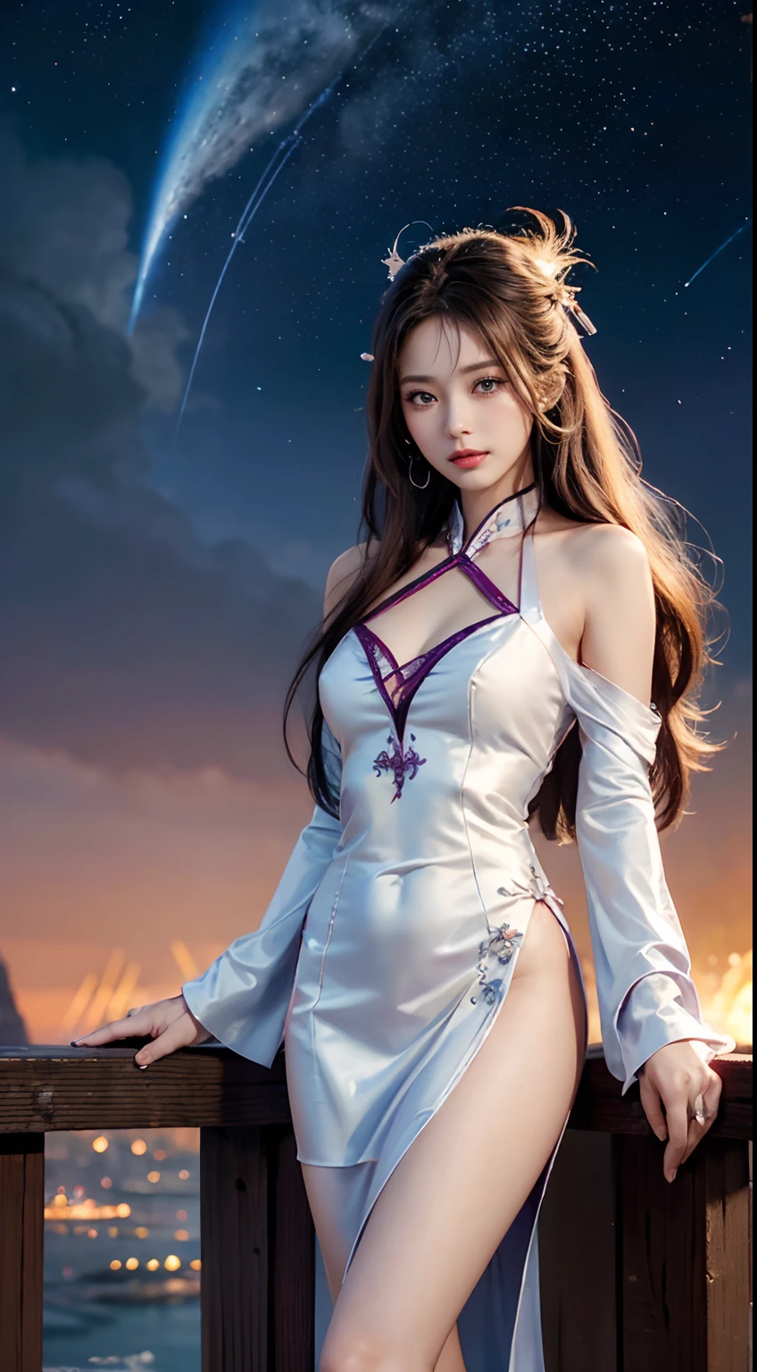 (masutepiece, of the highest quality, Best Quality, Ultimate Detail, Supreme Detail, Official art, Beauty and aesthetics: 1.2), Asian Girl, Rust, Waiting to return, Bare thighs, Bare pubic hair, hyoon , Exposing beautiful pubic hair, Color, upperbody shot, Beautiful face, Solo, Perfect figure, Flying in the sky, Portrait of a girl, Silver Gradient Hair, Brunette hair, fairy tail, Flowing streamer, (Sexy, Display Format, Show your: 10), Sun rays, Clouds, Hanfu, chinese clothes, Water, fireflys , Night, Starry sky, Jewelry, Feathers in the dress, Peacock feathers, light Particle, Volumetric lighting, Ray tracing (Flowing streamer: 1.1), (Fantasy: 1.2), Illuminator, Stars, Fantasy, High contrast, Ink strokes, Overexposure, purple and red tone impressions, Abstract, (Watercolor by Barkey and Jeray Meyman)) brushstrokes,