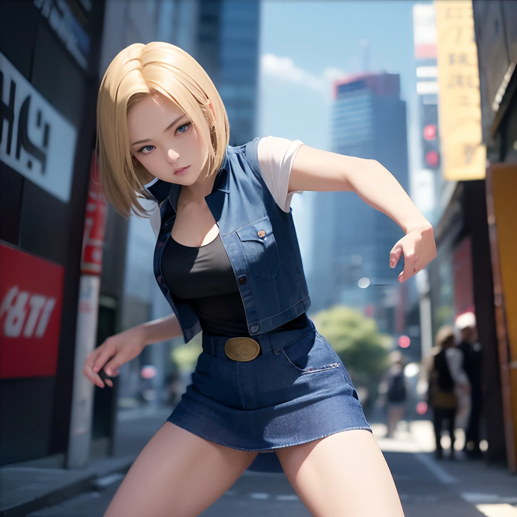 Best Quality, hight resolution, and18, 1girl in, Android 18, Solo, Blonde hair, Blue eyes, Short hair, Lovely smile,Wearing sports sunglasses,earrings, Jewelry, Denim Vest, open vest, Beautiful hands are five-fingered,Jeans miniskirt, Blue mini skirt, tiny chest, Cowboy Shot, Pose with your buttocks sticking out and turning around,Street, (Externally expanded Chest: 1.2),