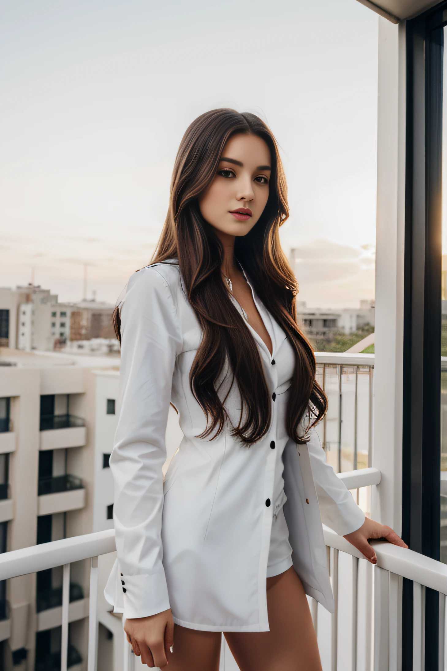 face, long_hair, gorgeous, girl, black formal coat and a white shirt, western, top, hot girl, balcony