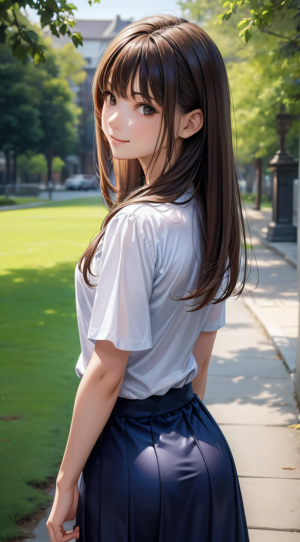 (1girl:1.3), (photorealistic:1.4), (masterpiece, top quality, best quality, official art), extreme detailed, highest detailed, (ultra-detailed), ((an extremely delicate and beautiful)), cinematic light, contemporary, silky long hair, (brown hair), she Walking at the park, in evening, shirt, long skirt, upper body, from above, shy, smile, (looking back:1.4), 26 years old