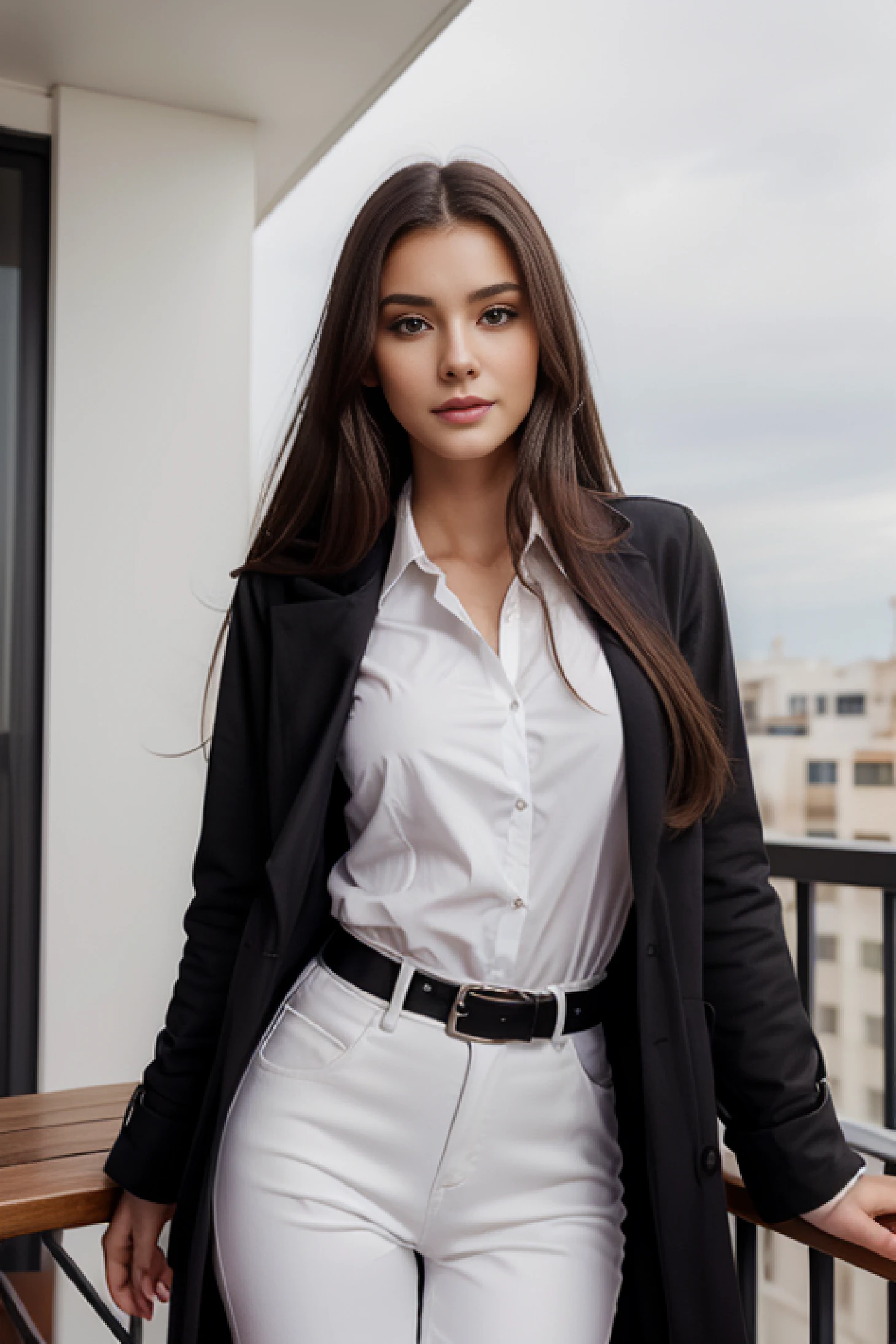 face, long_hair, gorgeous, girl, black formal coat and a white shirt, western, top, hot girl, balcony