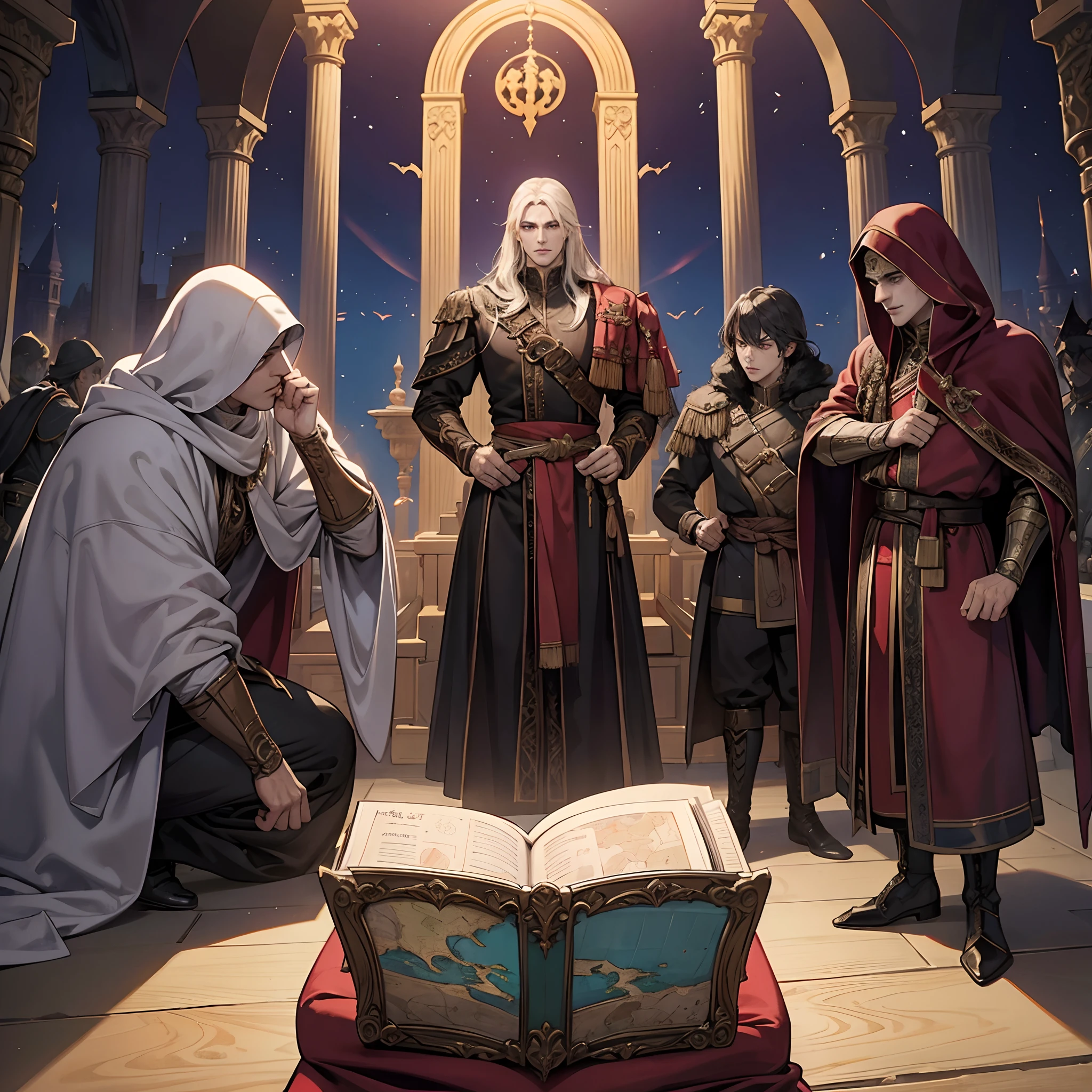 Castlevania Shadow Lord handsome Muscular Lord Dracula wearing Islamic Armors getting ready for battle in the throne room with his soldiers looking into Map of Conquest discussing old scenes from cinematic scrolls movie Epic legendary perspective