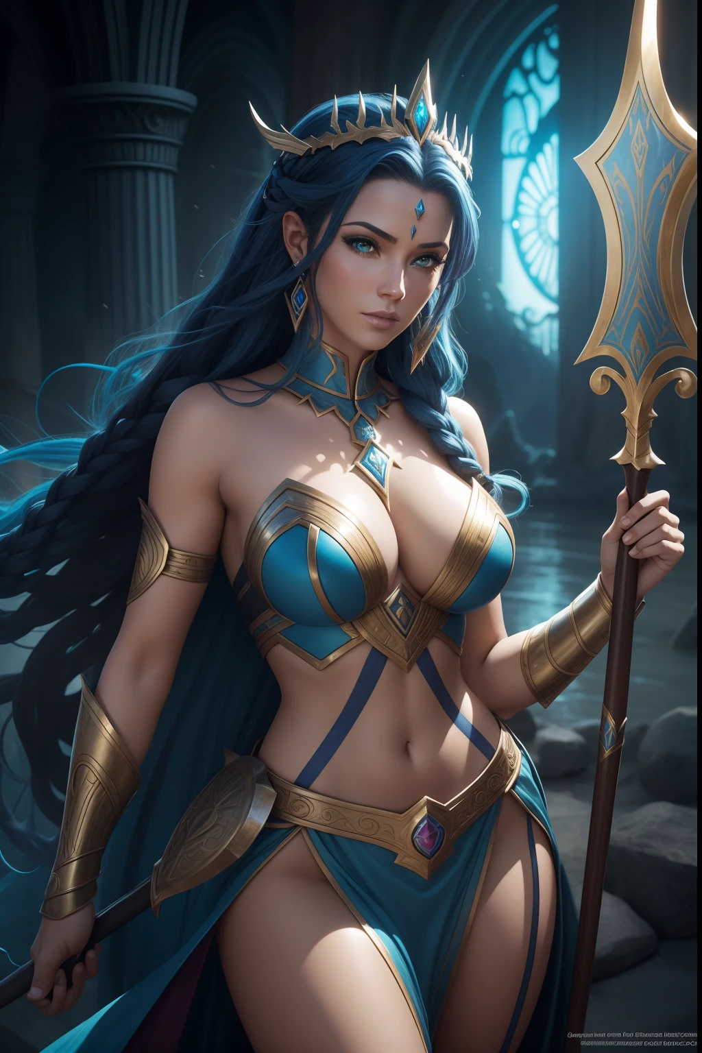 Uma mulher Moreno, de cabelo afro cabelo caindo para frente, Rasta type but braided, holding a spear-shaped spear, e um escudo em forma de , com belos seios corpo perfeito com , a wide thigh is beautiful a woman, com seios lindos corpo perfeito, uma coxa larga, is beautiful a destination with ,vario expression sexual pose, erotic a closeup of a woman with blue paint on her body, Djinn human hybrid, epic 3 d oshun, Tiefling Azul, asian female water elemental, Djinn Azul, epic exquisite character art, Vencedor do concurso Artstation, Vencedor do concurso CGSetline!!, Vencedor do concurso CGSetline!!!, arte do personagem de fantasia, Artgerm Julie Bell Beeple The cast of the upcoming DC Universe film, powerful fantasy epic legends, heroes of might and magic, epic legends game icon, epic fantasy style, deuses antigos, Rainha e governante do universo, mystical atlantean valkyrie, Trindade, amazing mmorpg, epic real fantasy, Heroes of Power and Magic 3, personagens de fantasia, glorioso, epic fantasy HD art style