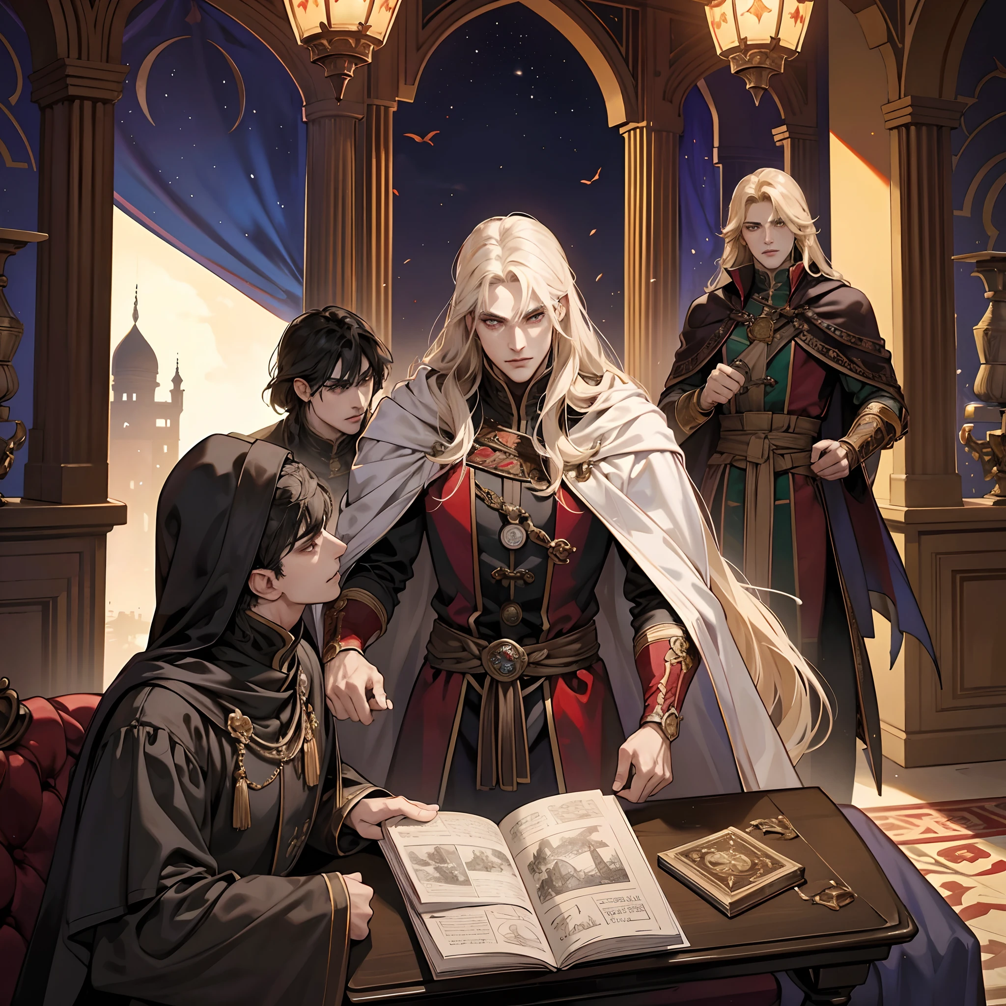Castlevania Shadow Lord handsome Muscular Lord Dracula wearing Islamic Armors getting ready for battle in the throne room with his soldiers looking into Map of Conquest discussing old scenes from cinematic scrolls movie Epic legendary perspective