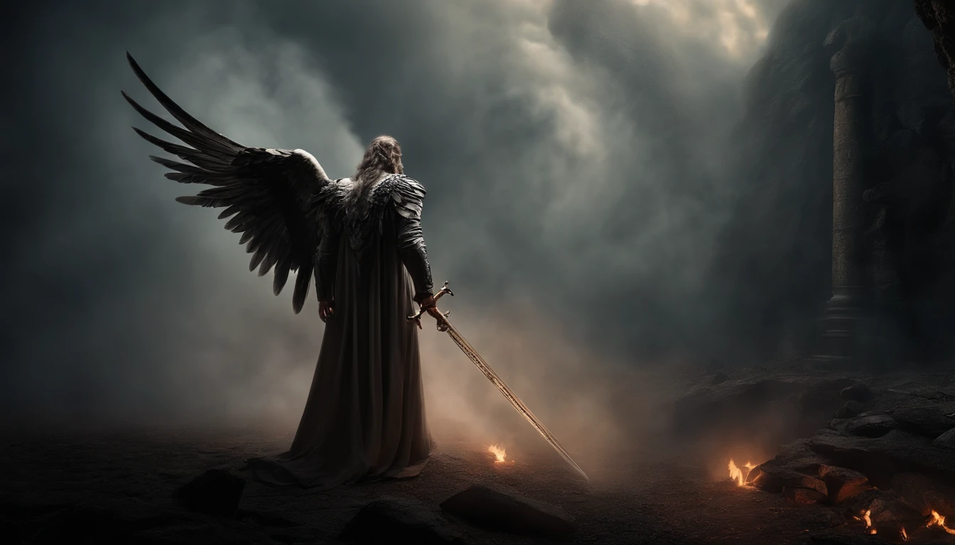 an image of an angel with a sword standing in hell, Anjo no inferno, arcanjo, angels vs demons, angel watching demon, angels and demons, anjo protegendo o homem, Arcanjo Miguel, O Anjo da Morte, Battle between angels and demons, anjo super largo, epic angel wings, angels protecting a praying man, necessidade humana anjo da morte. ((imagem epica)), ((alta qualidade))