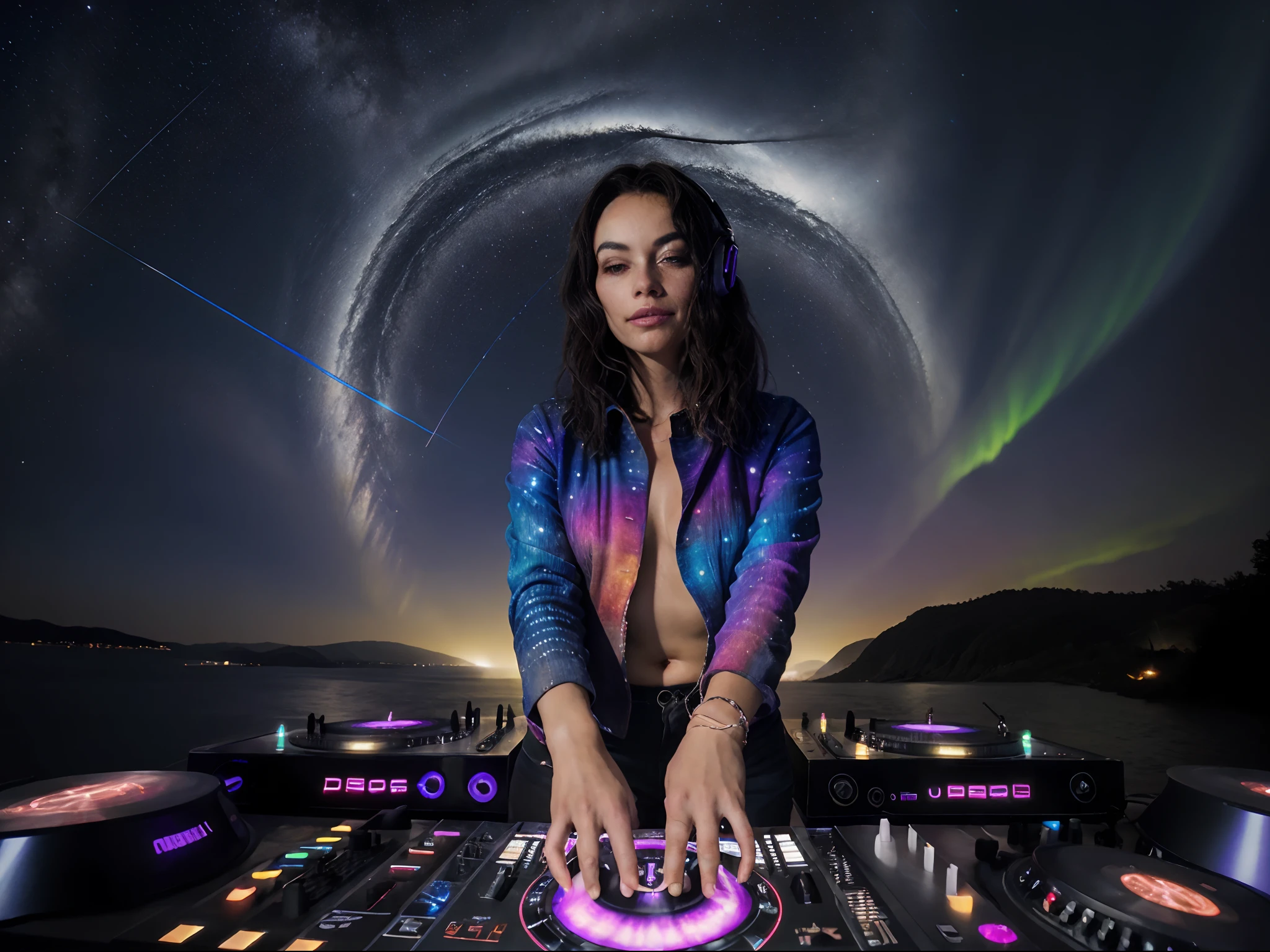 the woman's touch on the DJ decks creates cosmic ripples that send waves of luminescent colors cascading through the universe.