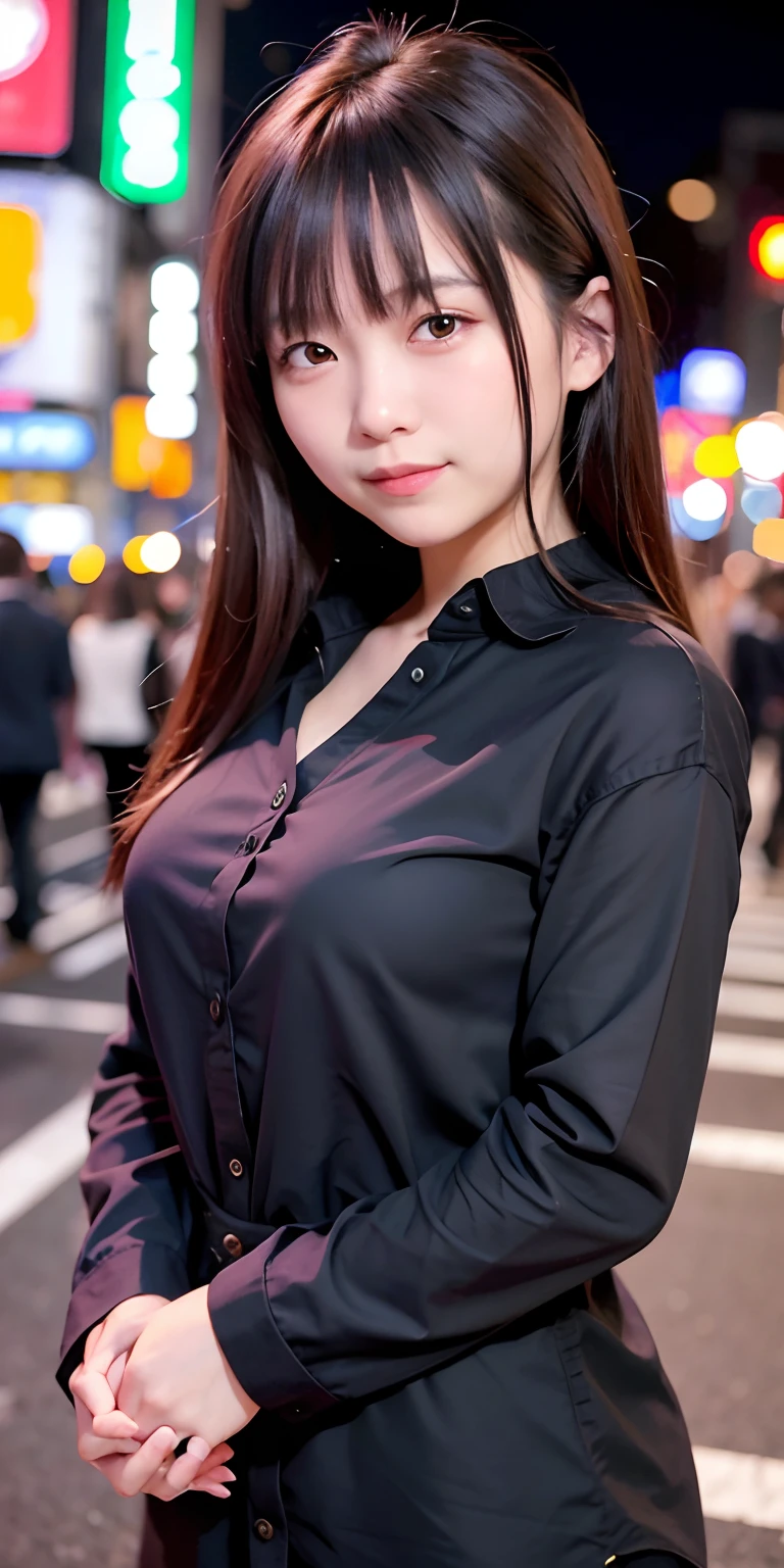 1 girl, Tokyo street, night, cityscape, city lights, upper body, close-up, blouse, smile, (8k, RAW photo, top quality, masterpiece: 1.2), (real, photoreal: 1.37),