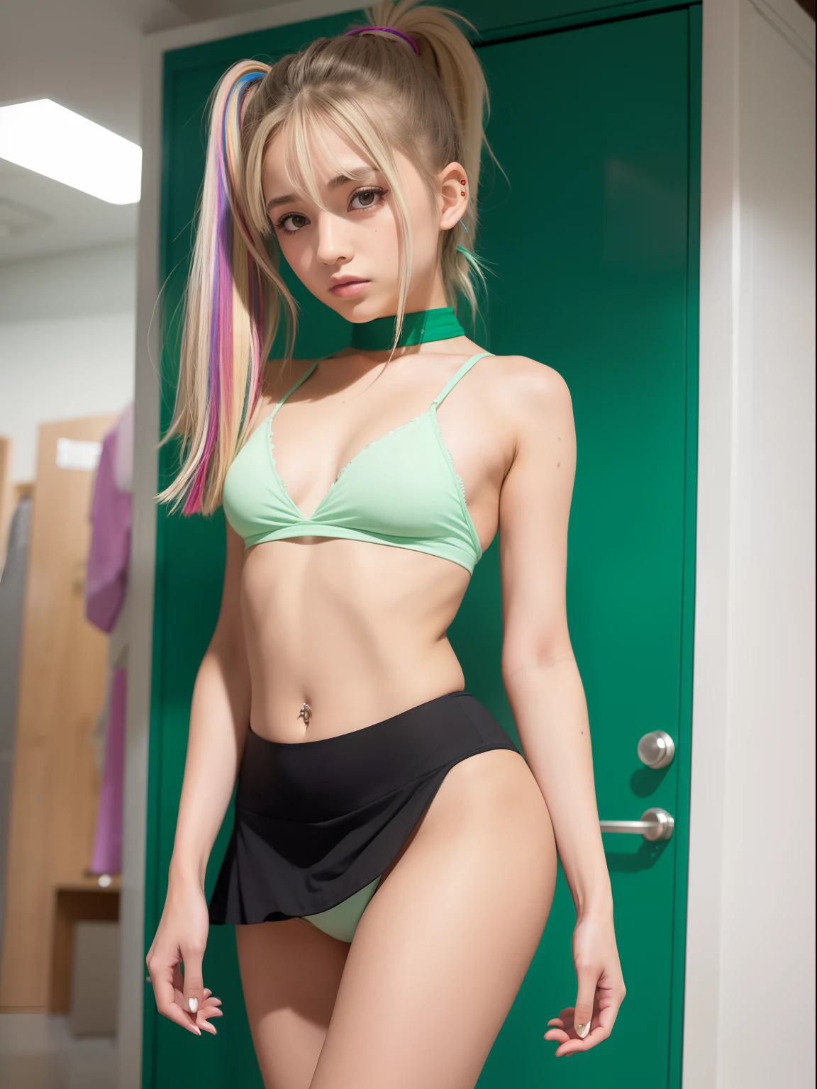 a 18 year old girl,masutepiece , Best Quality,Nahida(GenshinImpact) ,Two girls, Very skinny,tiny chest,Long hair ,Side Ponytail, Hair Ornament , White hair , Green hair , hand behind head:1.5,multicolored hair, elf , Multicolor bra, Wearing a miniskirt ,Locker Room, Street,looking at the viewers,Skinny Legs,