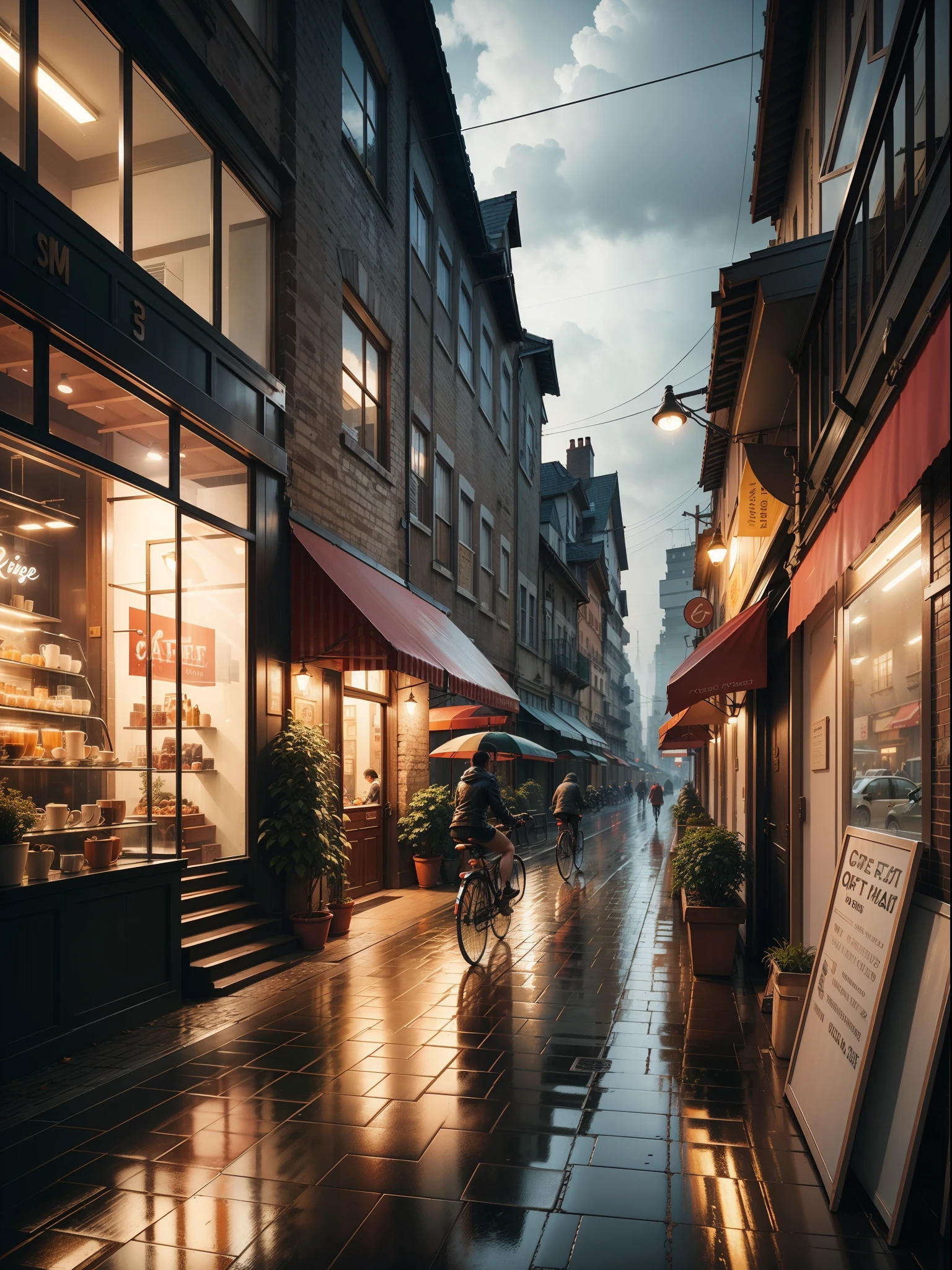 Photo of a cafe, wet street, buildings, busy street, cycle, garbage, nostalgia, ultra quality, hyper detailed,