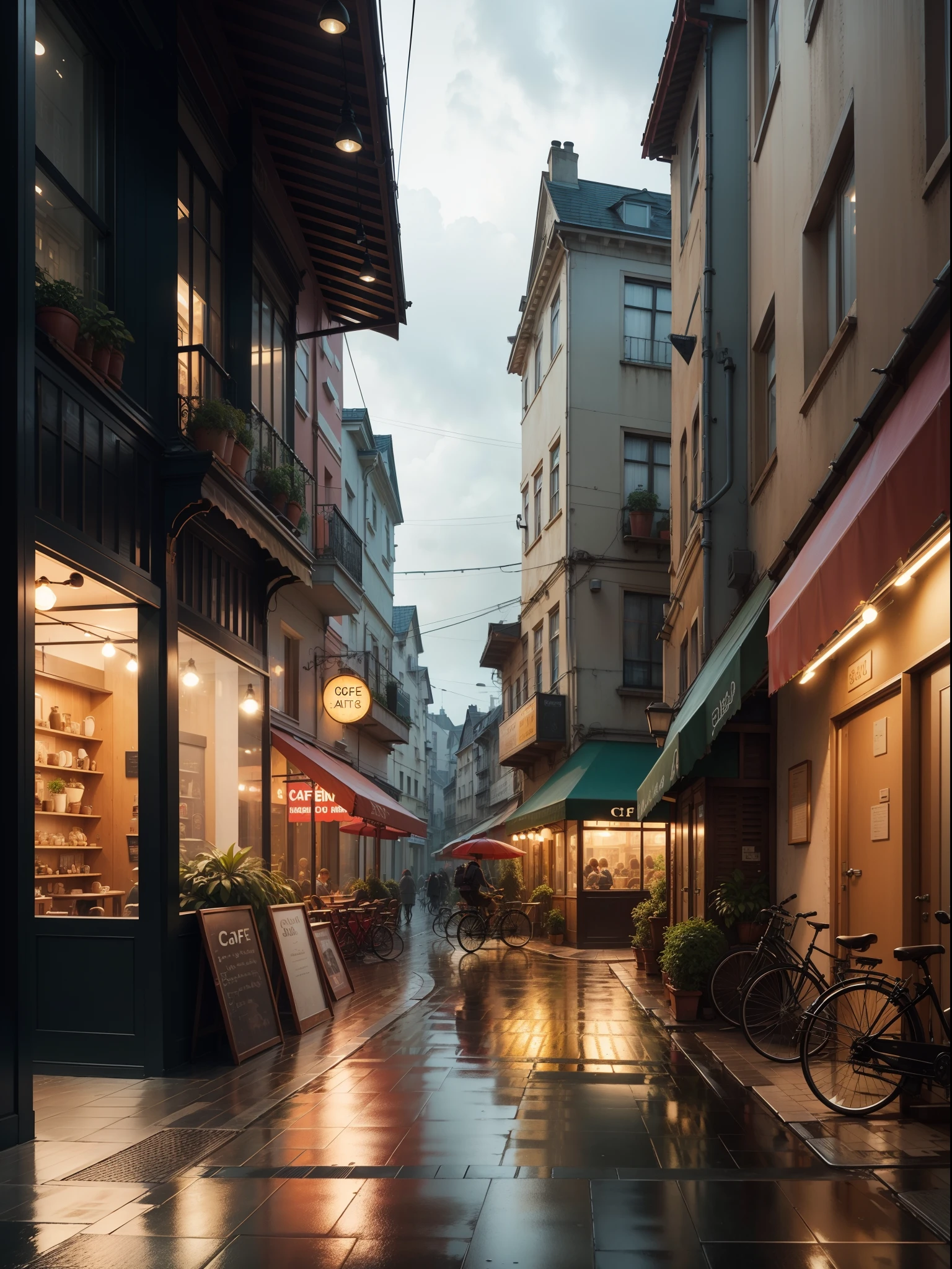 Photo of a cafe, wet street, buildings, busy street, cycle, garbage, nostalgia, ultra quality, hyper detailed,