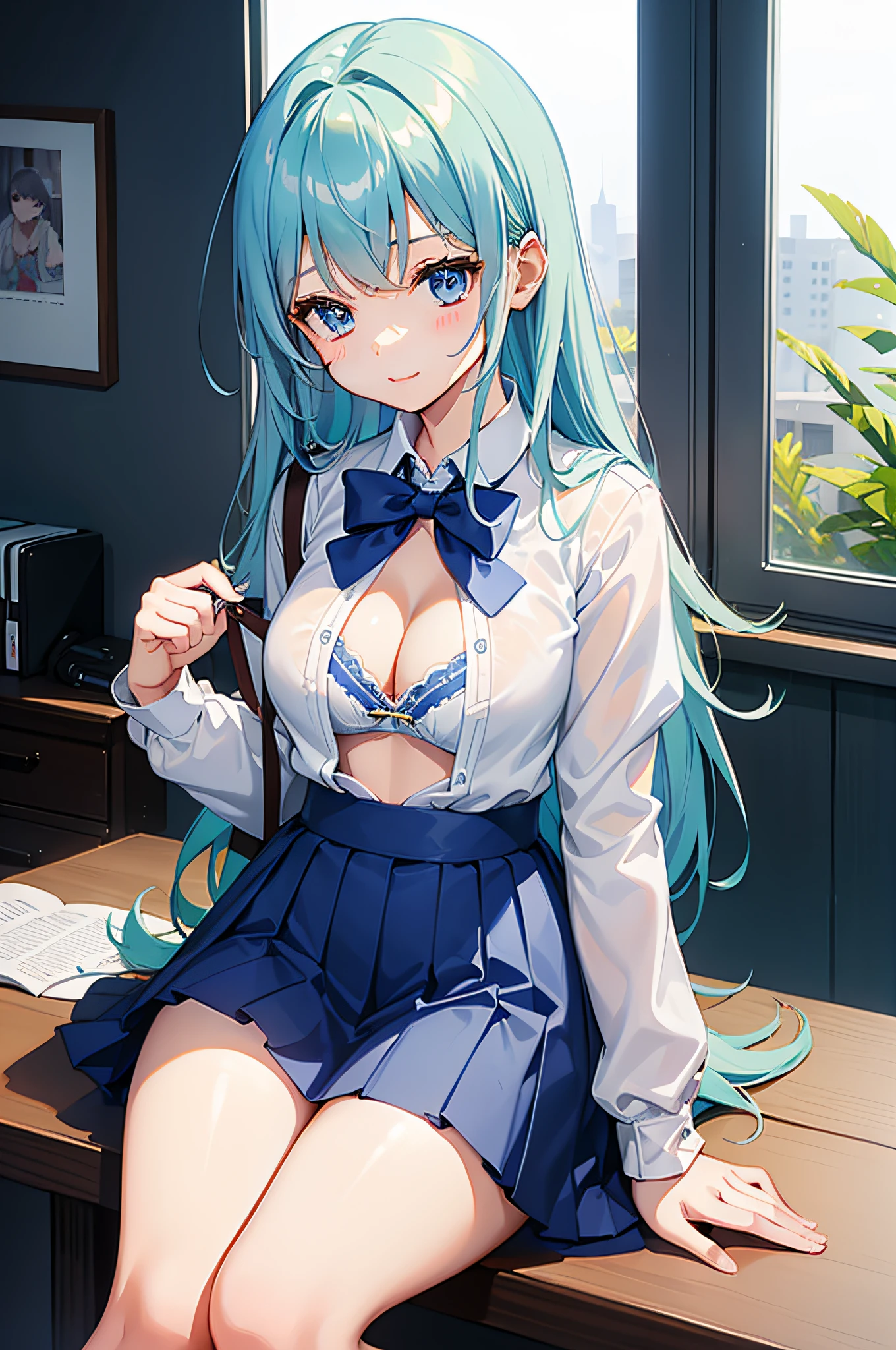 1 girl in、Cute Beautiful Girl、((Schoolgirl Uniform))、((summer clothing))、The blouse is unbuttoned、White blouses、shortsleeves、lightly dressed、Thin fabric clothes、Navy blue micro mini skirt、(((show off cleavage)))、((Colossal tits))、seductiv、Little Goddess、Young Face、detailed thigh、top-quality、photos realistic、(15 year old)、(sitting on)、lightsmile、blue hairs