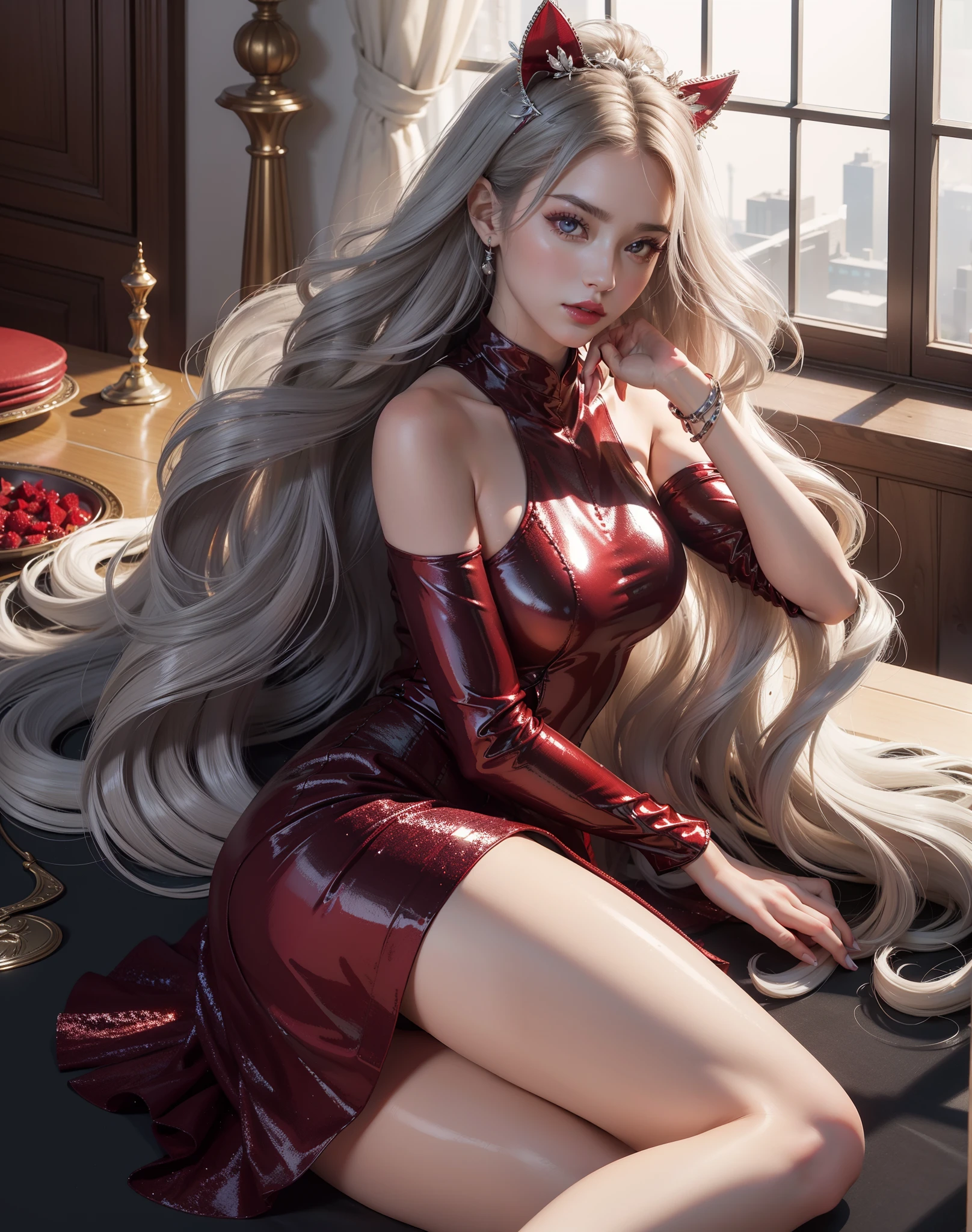 Best quality work,Photorealistic works,Ultra-premium graphics,8K HD CG works,High-quality graphics,High-definition fine CG work,10x pixels,Ultra-fine details:1.1,Advanced technical details:1.1Photographically real,Indoor lighting effects:1.5,Natural light:1.5. Light effect(Virtual light effects:1.8),Super high resolution,Glossy red dress,Long silver hair,Silver hair,Clear strands of hair,High detail hair(Premium hair details:1.1)Clear eyes,Good-looking double eyelids,Sharp eye makeup, Delicate makeup for eyelashes, Thin eyebrows, Super detailed eyes,High nose, Nice red lips, rosycheeks, Face with delicate makeup , Pretty face, a face with perfect proportion,(Advanced facial details:1.1)A collection of luxury dresses in glossy red,Bright red sequined dress,Sequin coat,Shiny,Tight long skirt,Summer sexy hip wrapped fishtail sleeveless commuter maxi,Horse stockings 100%Oil shiny pantyhose glossy shiny silk shiny 8D black silk woman,Stiletto heels,mitts,Beautiful long dress,wonderful dress,Bright red series,Haute couture dress collection,Dress photo,Authentic dress works,In the banquet hall,Women's artwork,Whole body diagram,Goddess of dress,真实感,Amazing,Today's eyes are bright