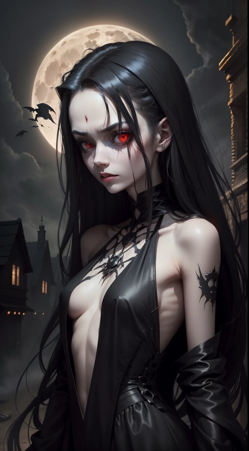 (masterpiece), A very pal humanoid character hovering above, with red eyes, her name is, horror, she is creepy, she is scary, shock value, very evil, she is skinny, evoke, fear, terror, dread, decay, disgust, dark, unusually thin, thin, scraggly, emaciated, twisted, frightening, sick, (messy_long_dark_hair), fog, evil eyes, eyes glowing, (she is wearing a black_dress), fall weather, cold, night time, she is in the air, floating, covered in blood, floating above a small town, she is in the air, up in the sky, full moon, 1600s